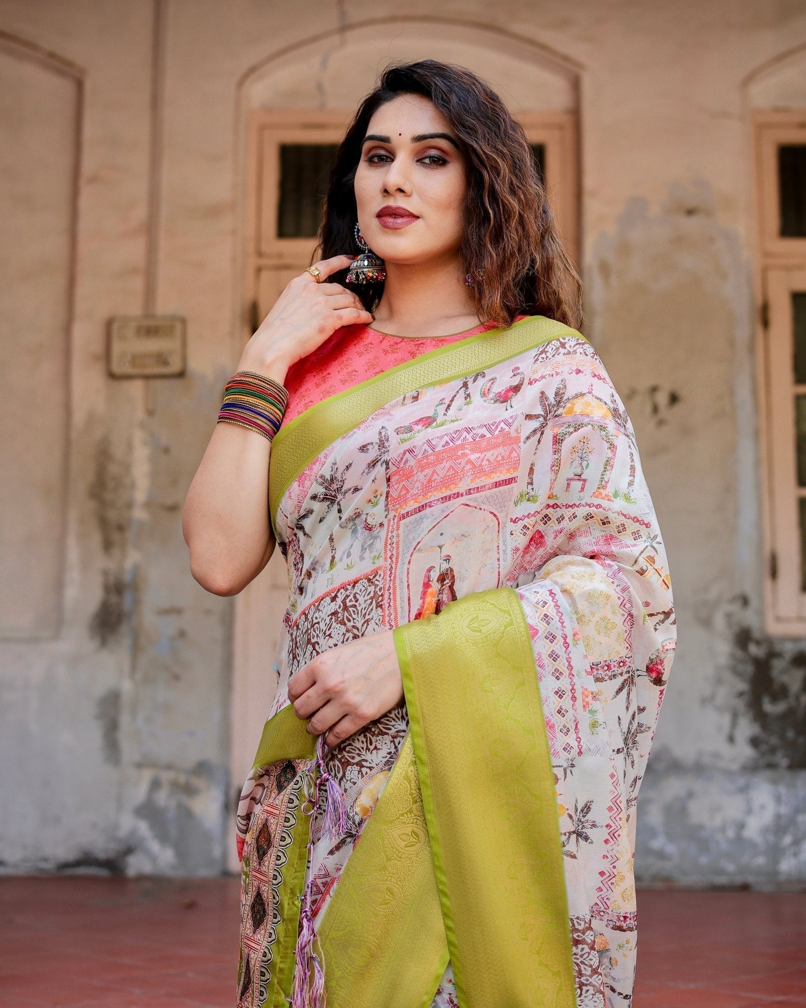 Pure Silk Digitally Printed Saree Weaved With Golden Zari Comes With Tassels - Fashion Dream Studio