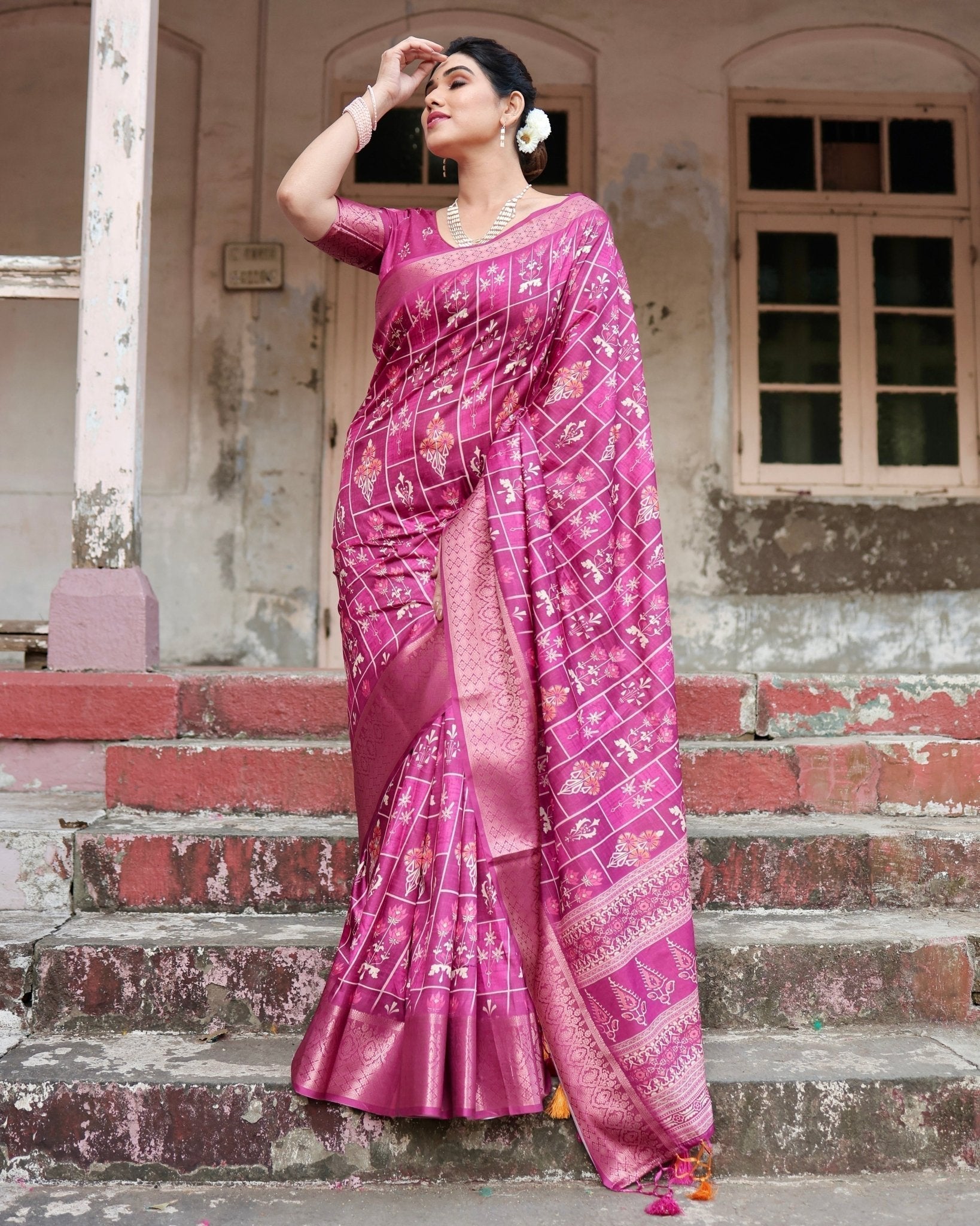 Pure Silk Digitally Printed Saree with Golden Zari and Tassels - Fashion Dream Studio