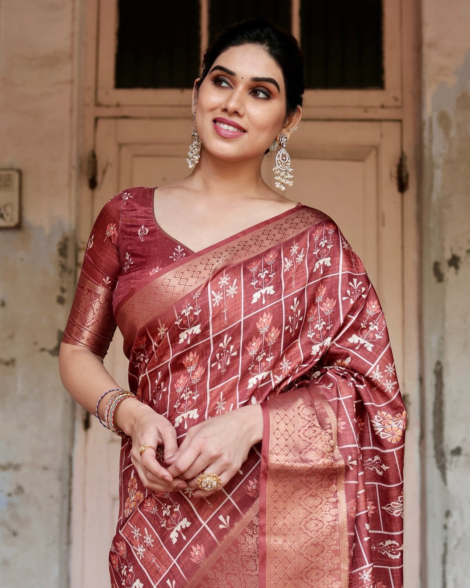 Pure Silk Digitally Printed Saree with Golden Zari and Tassels - Fashion Dream Studio