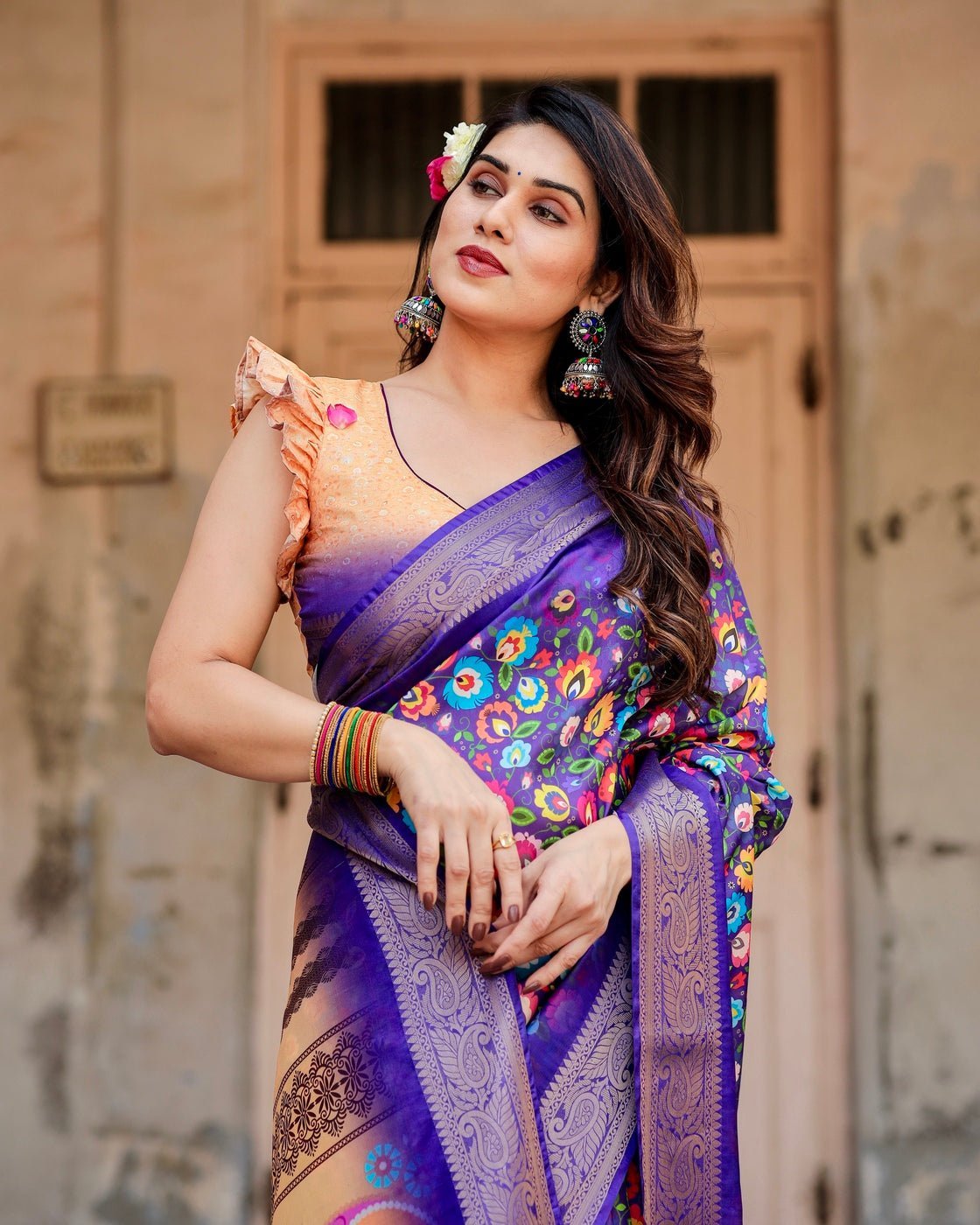 Pure Silk Digitally Printed Saree Weaved With Golden Zari Comes With Tassels - Fashion Dream Studio