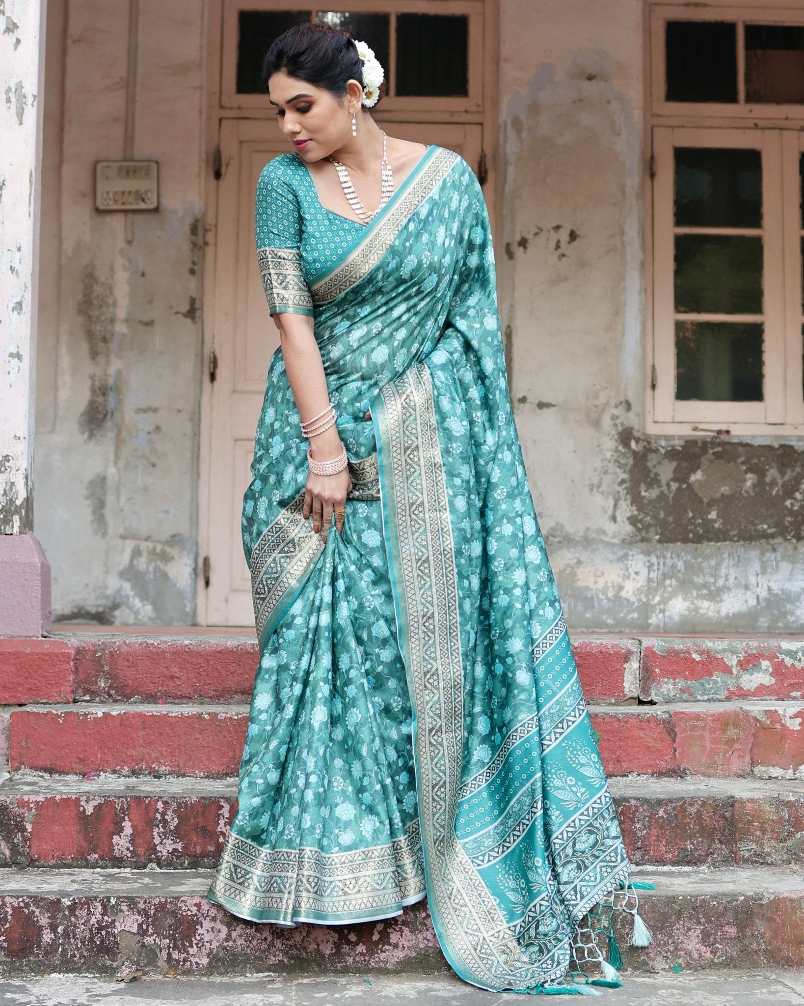 Teal Green Floral Pure Silk Digital Print Saree with Silver Border and Tassels - Fashion Dream Studio