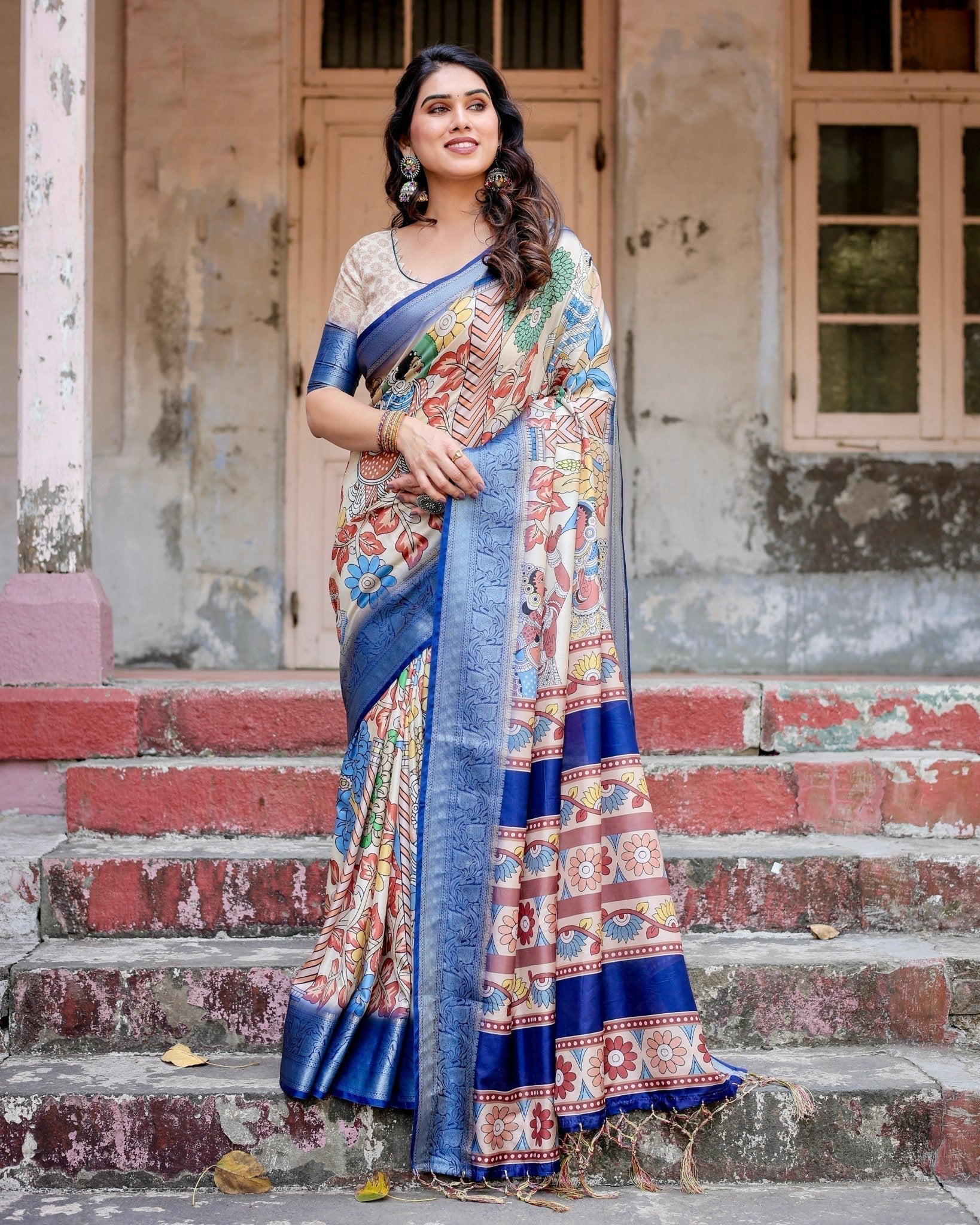 Pure Silk Digitally Printed Saree with Golden Zari and Tassels - Fashion Dream Studio