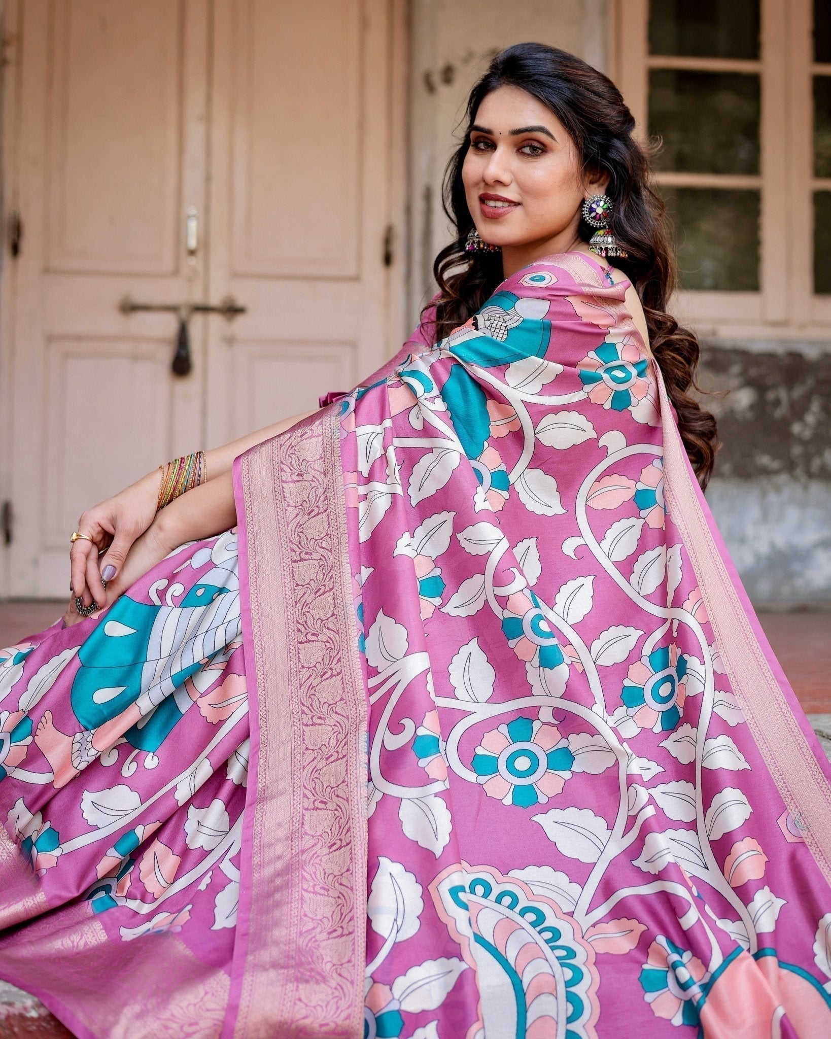 Pure Silk Digitally Printed Saree with Golden Zari and Tassels - Fashion Dream Studio