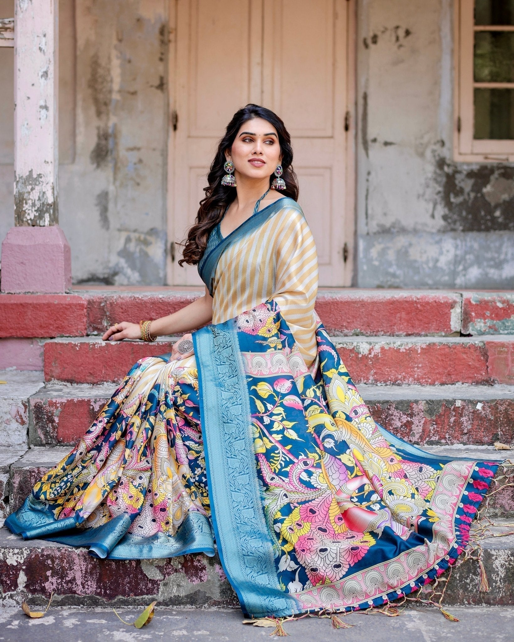 Pure Silk Digitally Printed Saree with Golden Zari and Tassels - Fashion Dream Studio