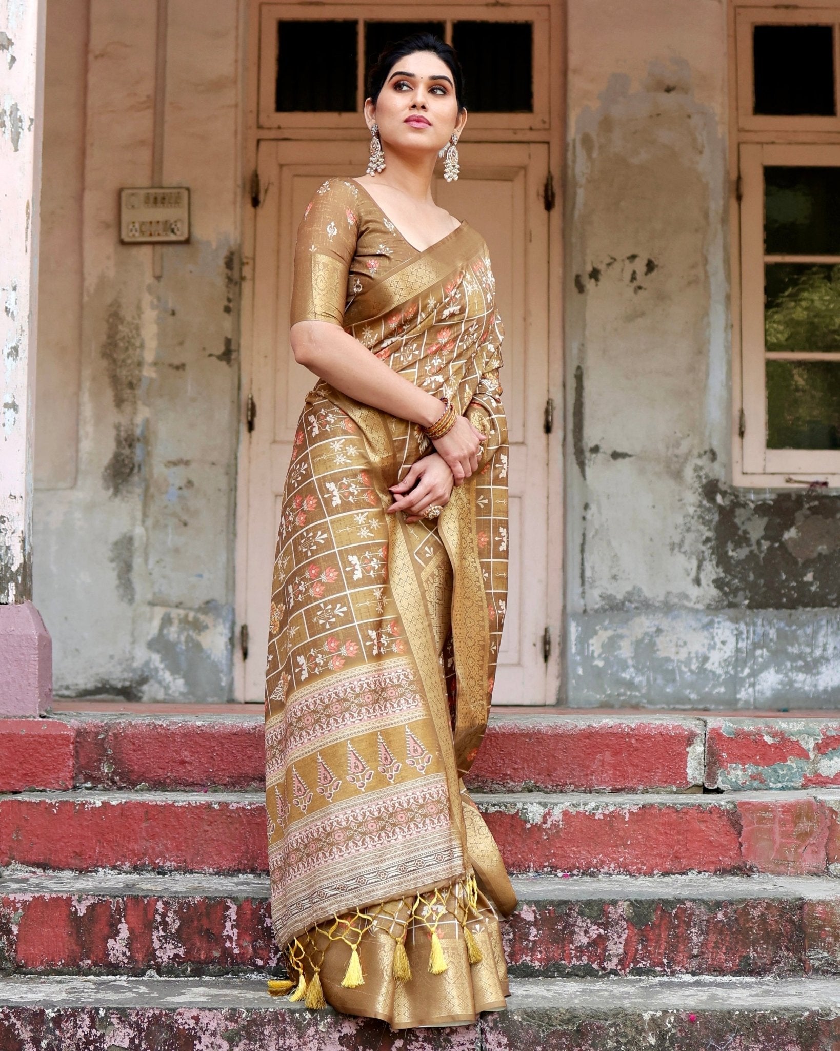 Pure Silk Digitally Printed Saree with Golden Zari and Tassels - Fashion Dream Studio