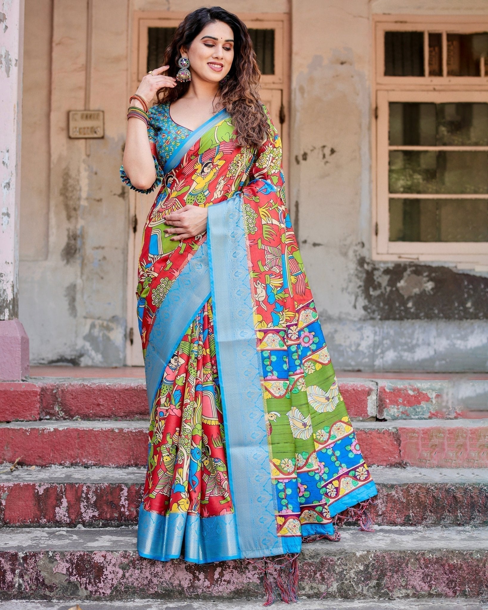 Pure Silk Digitally Printed Saree Weaved With Golden Zari Comes With Tassels