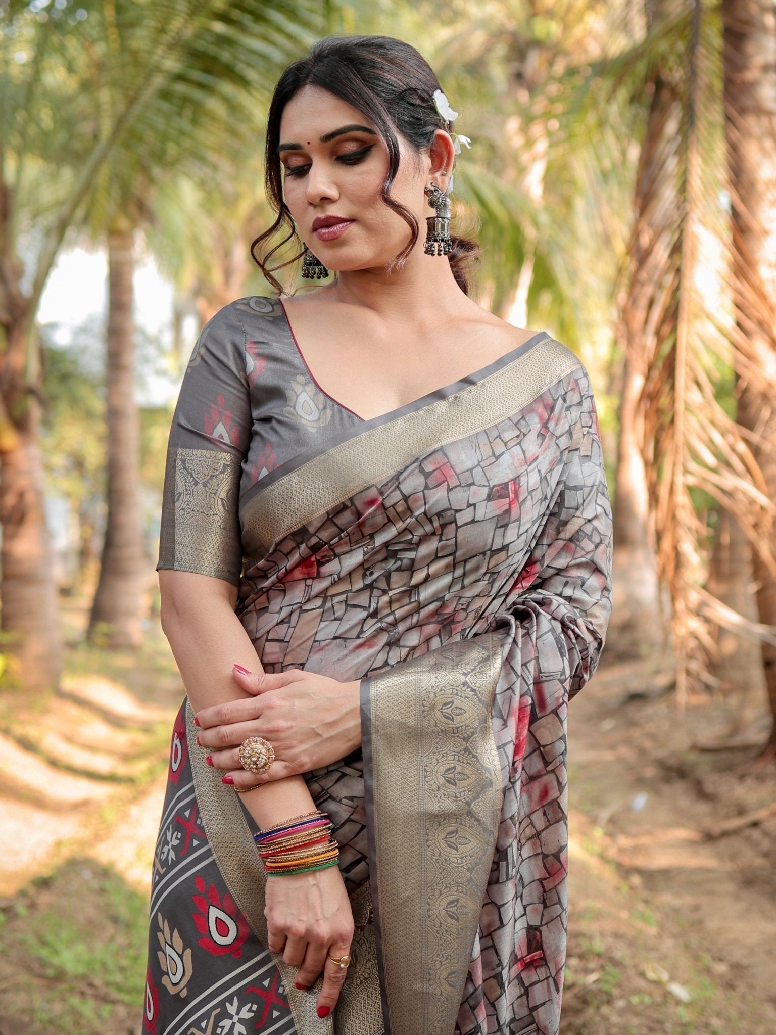 Pure Silk Digitally Printed Saree Weaved With Golden Zari Comes With Tassels - Fashion Dream Studio