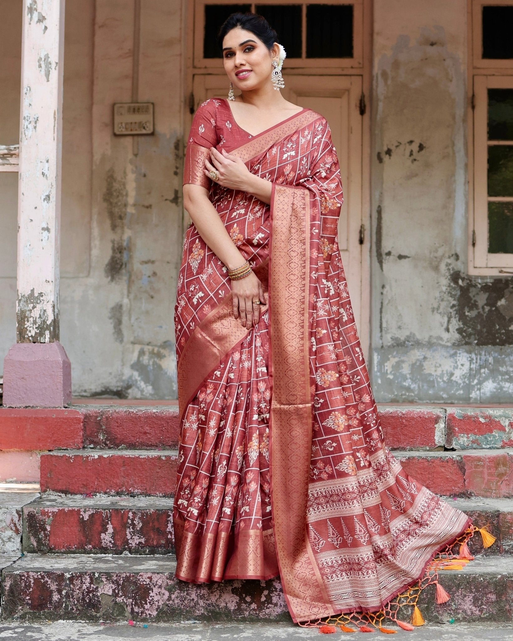 Pure Silk Digitally Printed Saree with Golden Zari and Tassels - Fashion Dream Studio