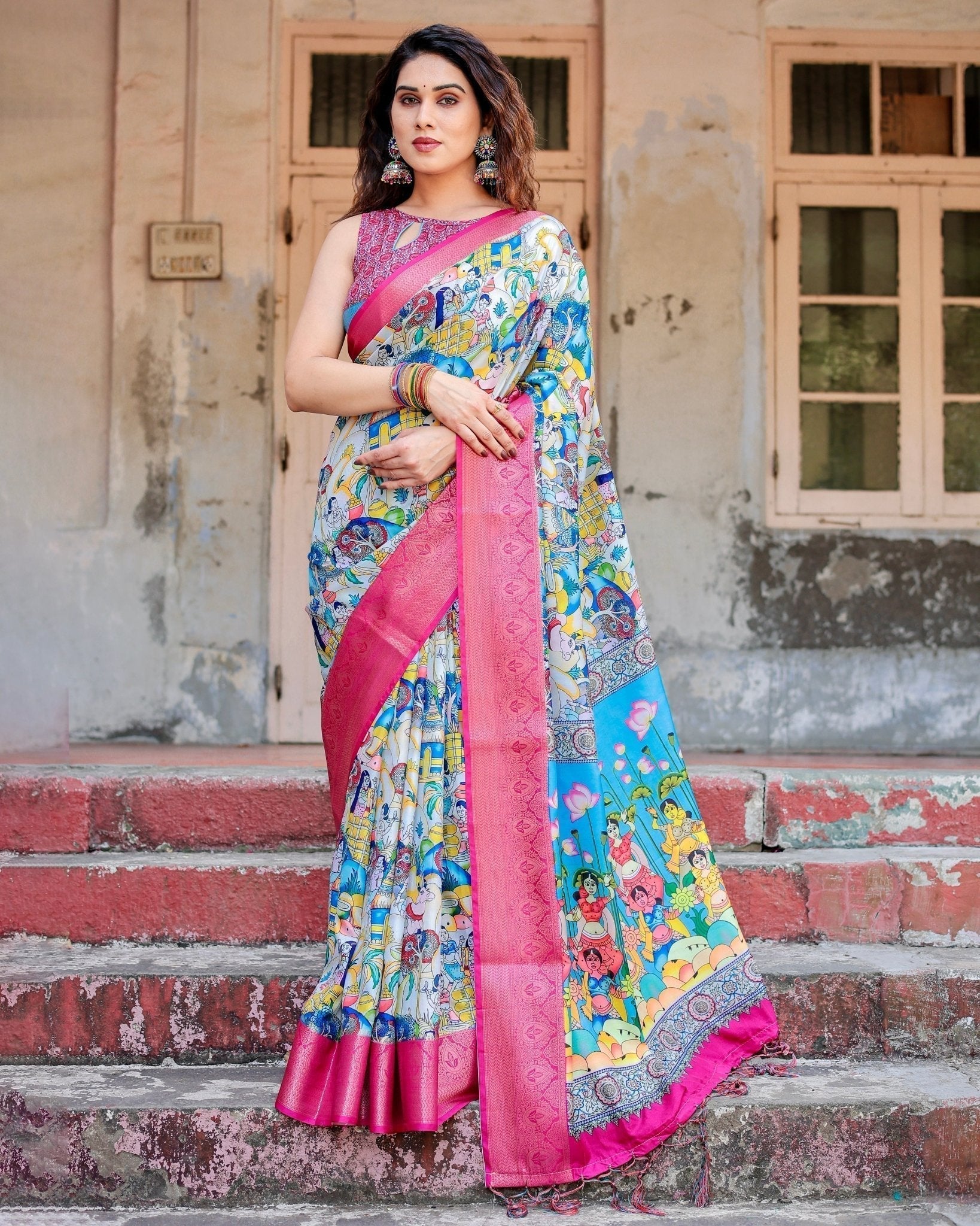 Pure Silk Digitally Printed Saree Weaved With Golden Zari Comes With Tassels