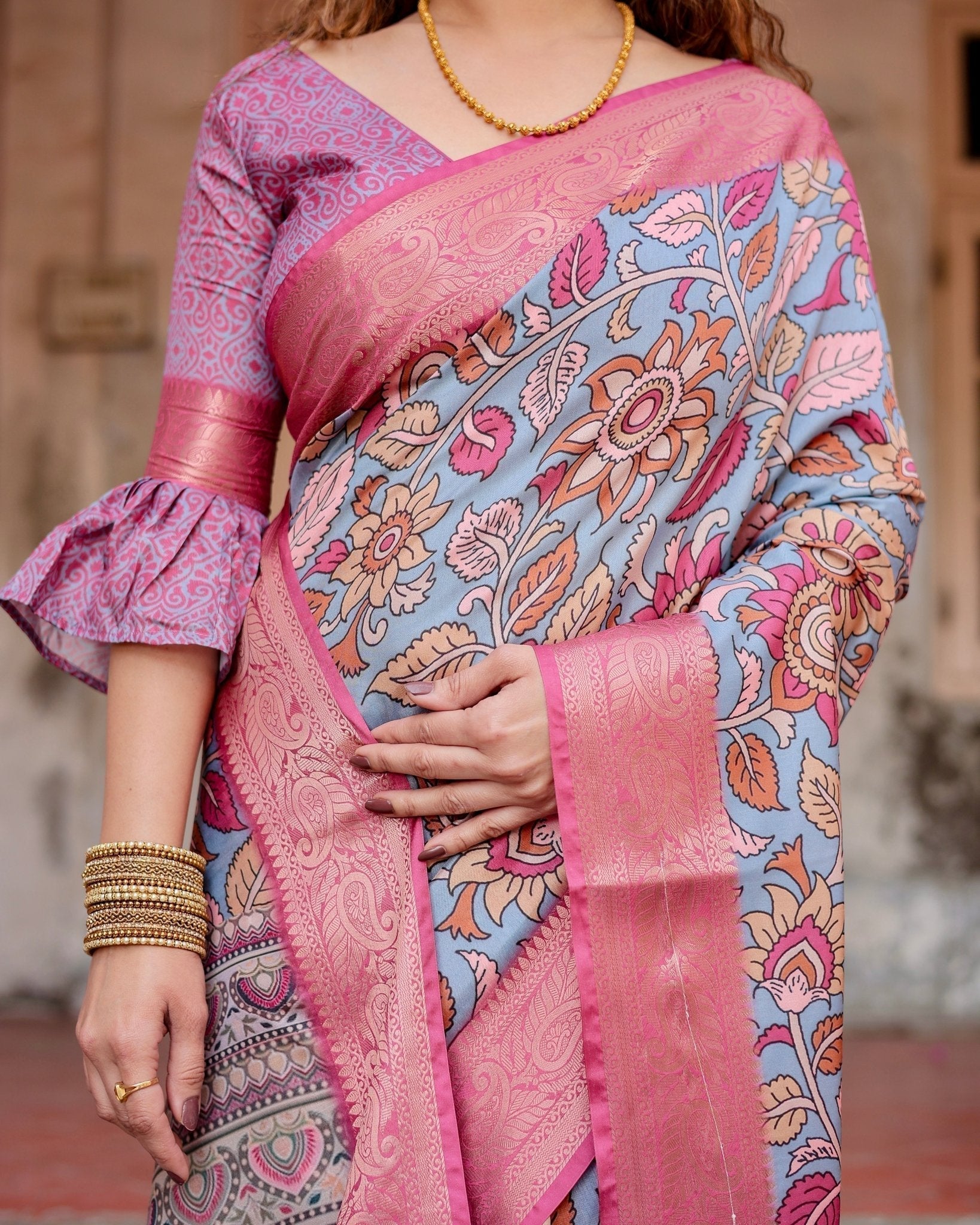 Pure Silk Digitally Printed Saree Weaved With Golden Zari Comes With Tassels