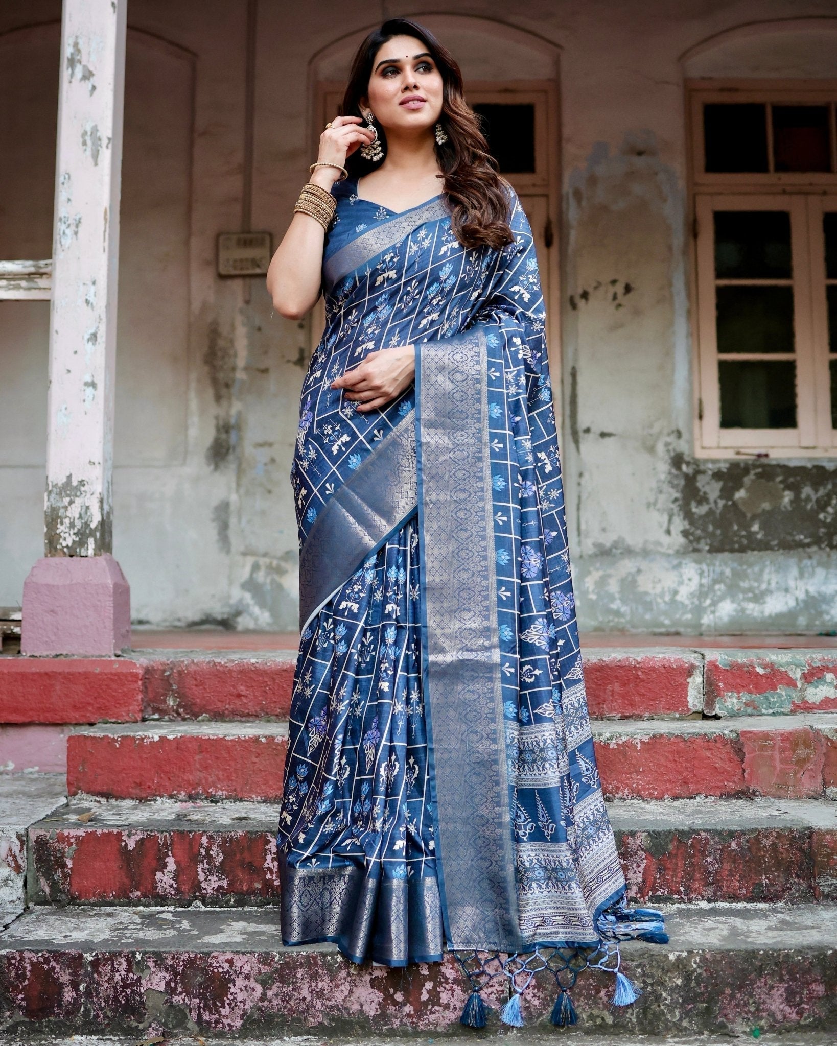 Pure Silk Digitally Printed Saree with Golden Zari and Tassels - Fashion Dream Studio