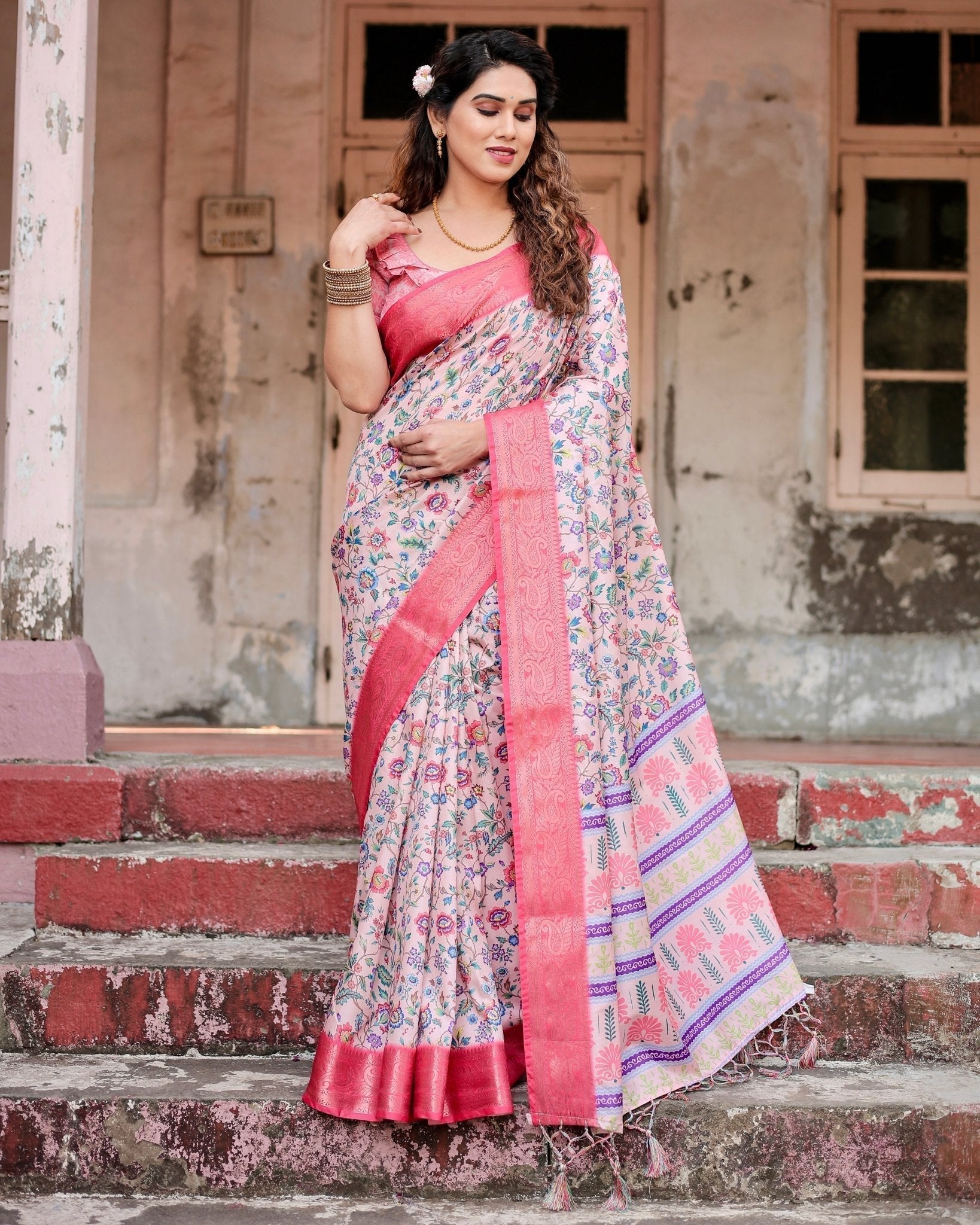 Pure Silk Digitally Printed Saree Weaved With Golden Zari Comes With Tassels