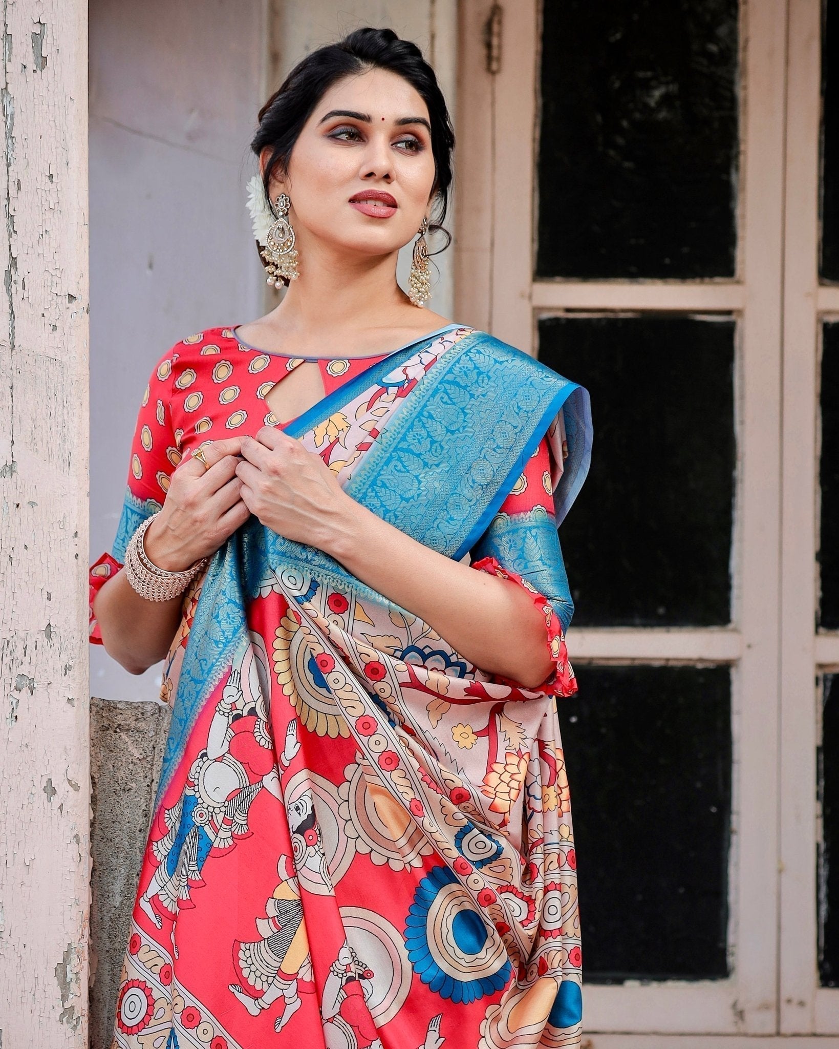 Pure Silk Digitally Printed Saree with Golden Zari and Tassels - Fashion Dream Studio