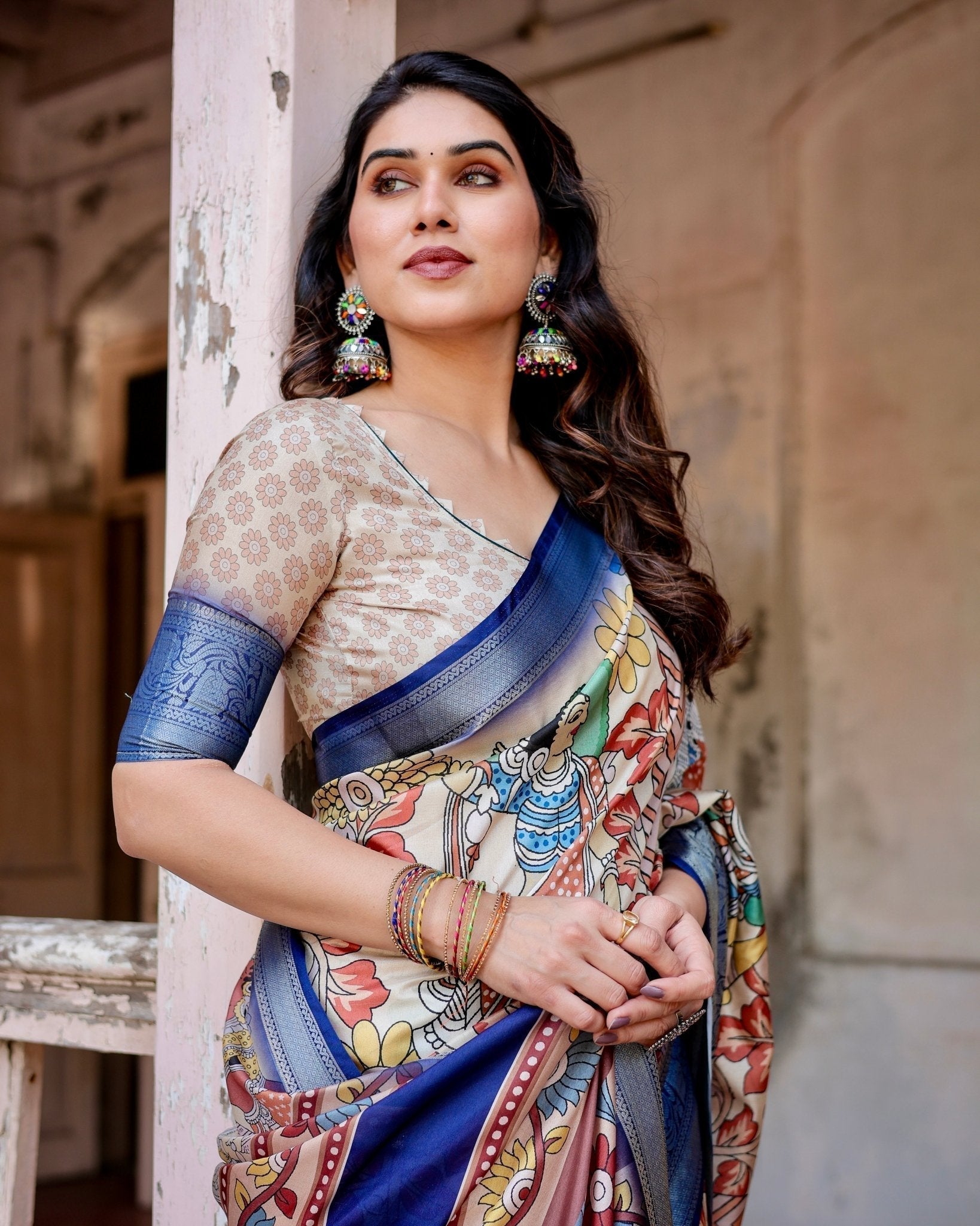 Pure Silk Digitally Printed Saree with Golden Zari and Tassels - Fashion Dream Studio