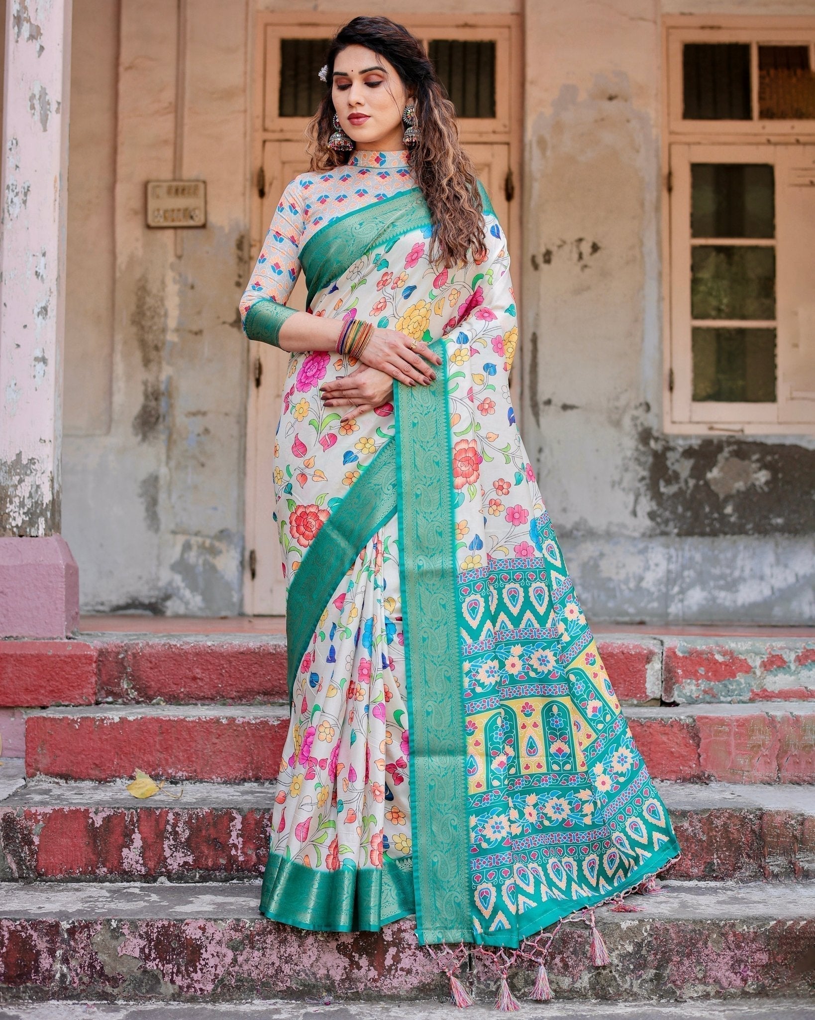 Pure Silk Digitally Printed Saree Weaved With Golden Zari Comes With Tassels - Fashion Dream Studio