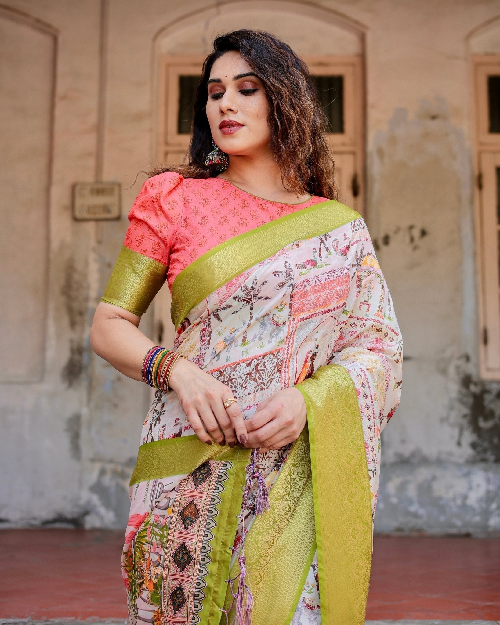 Pure Silk Digitally Printed Saree Weaved With Golden Zari Comes With Tassels - Fashion Dream Studio