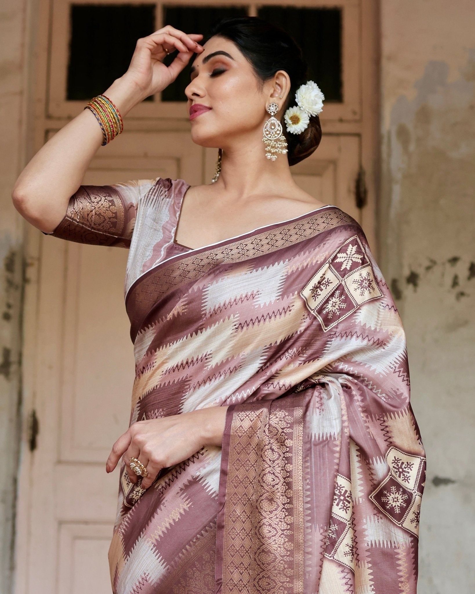 Pure Silk Digitally Printed Saree Weaved With Golden Zari Comes With Tassels - Fashion Dream Studio