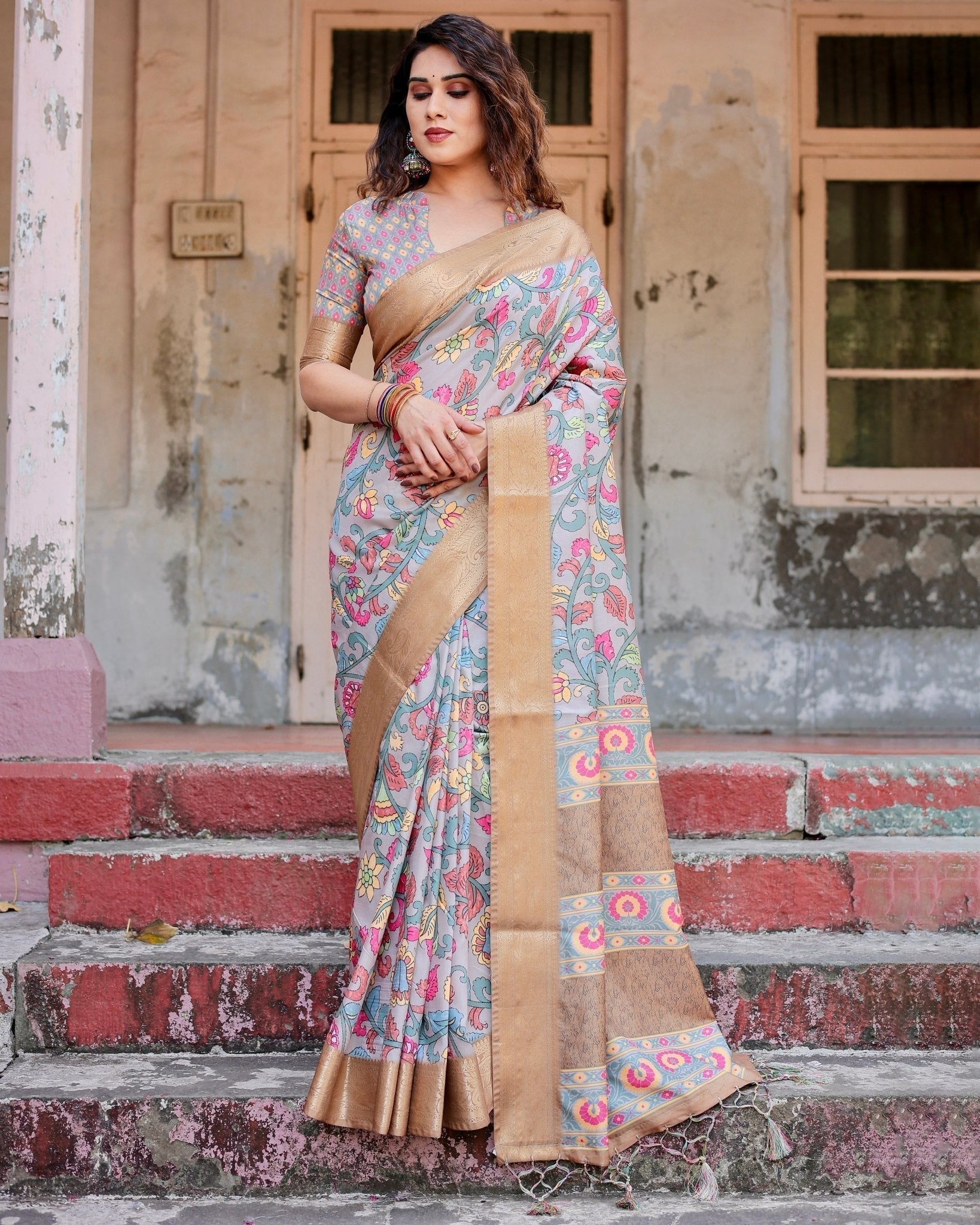 Pure Silk Digitally Printed Saree Weaved With Golden Zari Comes With Tassels - Fashion Dream Studio