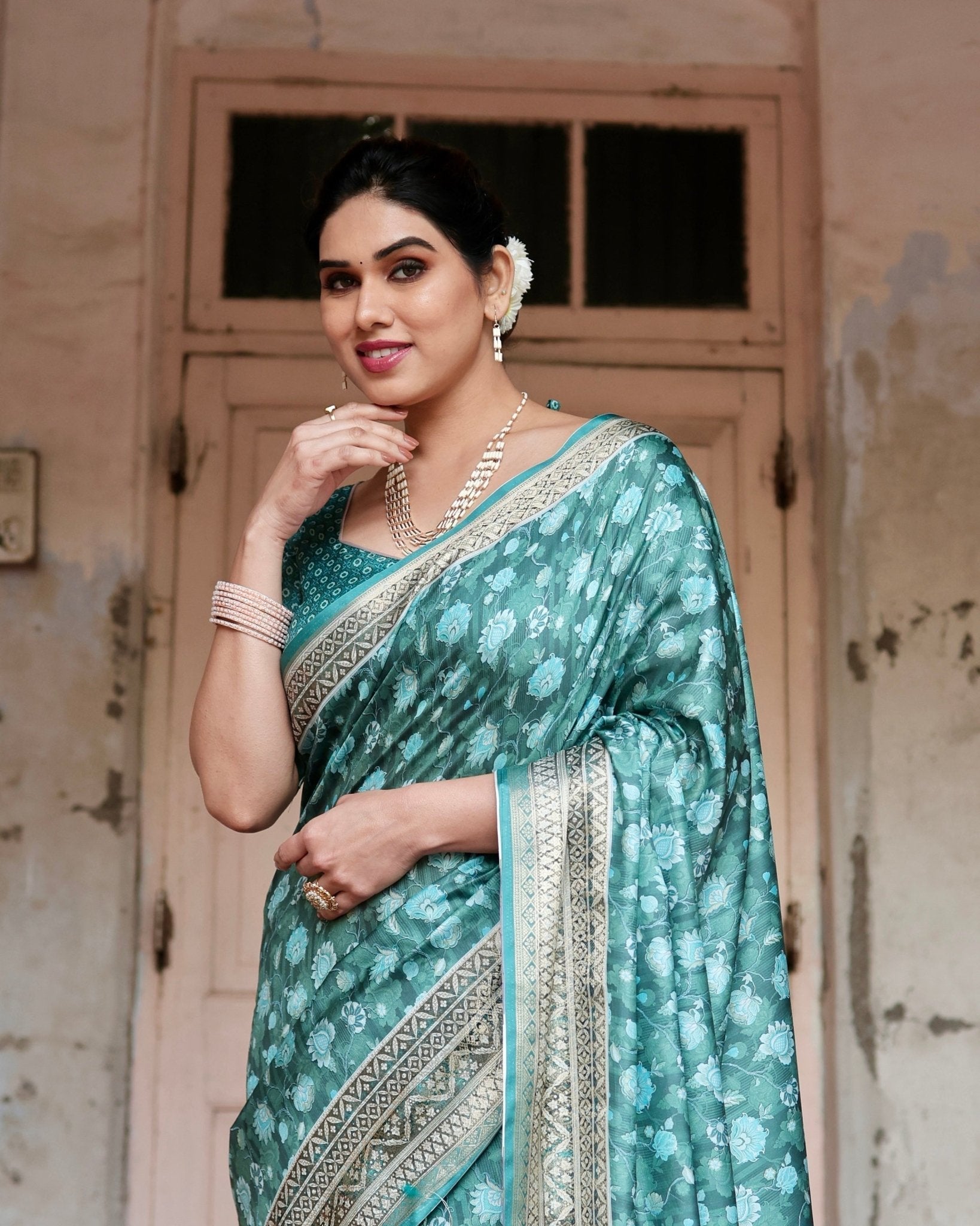 Teal Green Floral Pure Silk Digital Print Saree with Silver Border and Tassels - Fashion Dream Studio