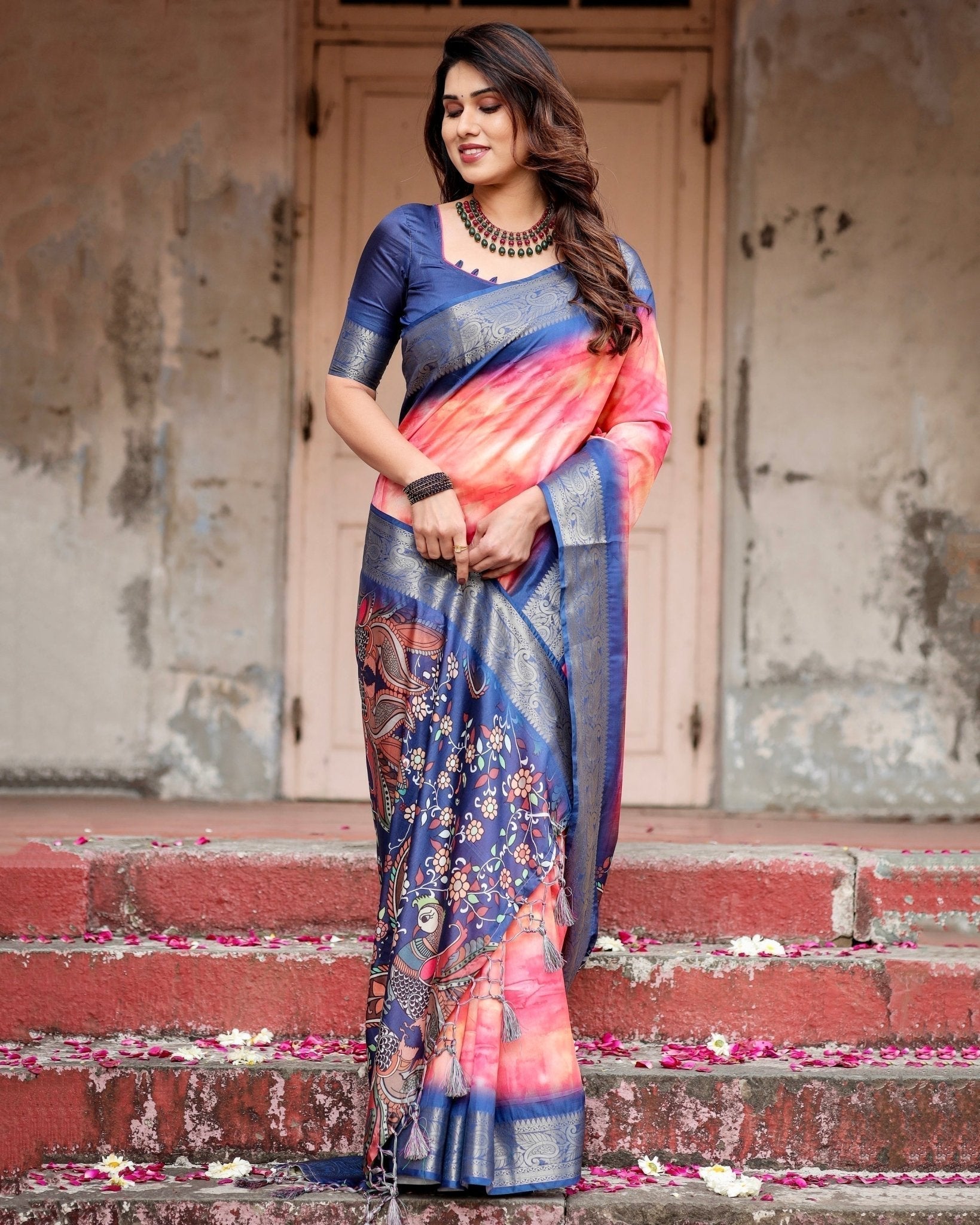 Pure Silk Digitally Printed Saree Weaved With Golden Zari Comes With Tassels - Fashion Dream Studio