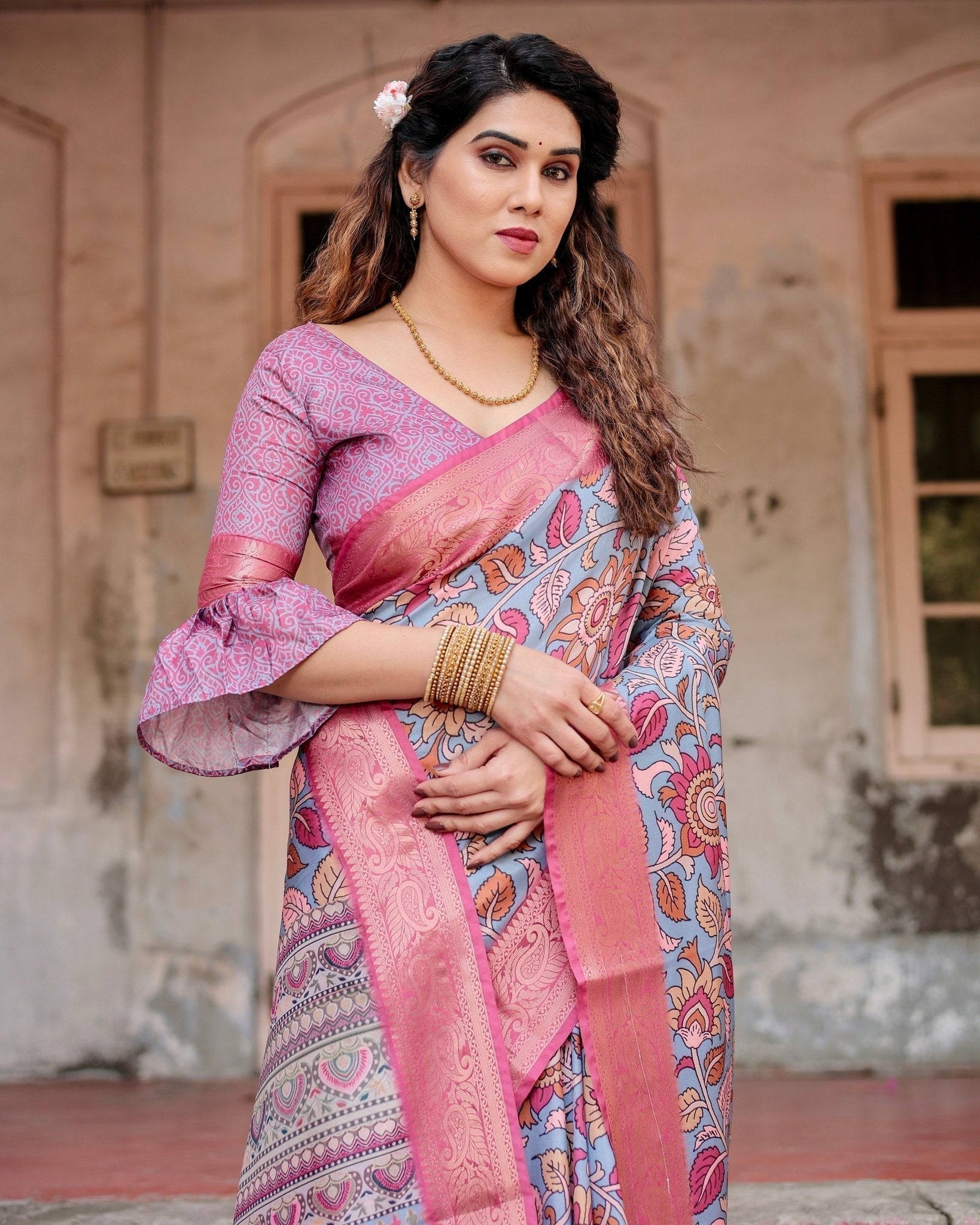 Pure Silk Digitally Printed Saree Weaved With Golden Zari Comes With Tassels - Fashion Dream Studio