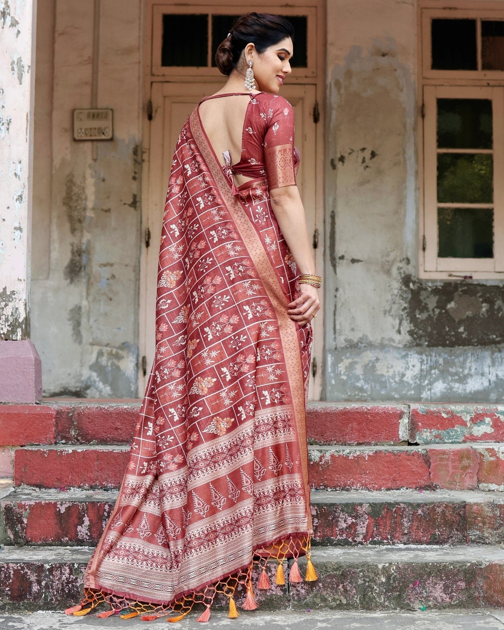 Pure Silk Digitally Printed Saree with Golden Zari and Tassels - Fashion Dream Studio