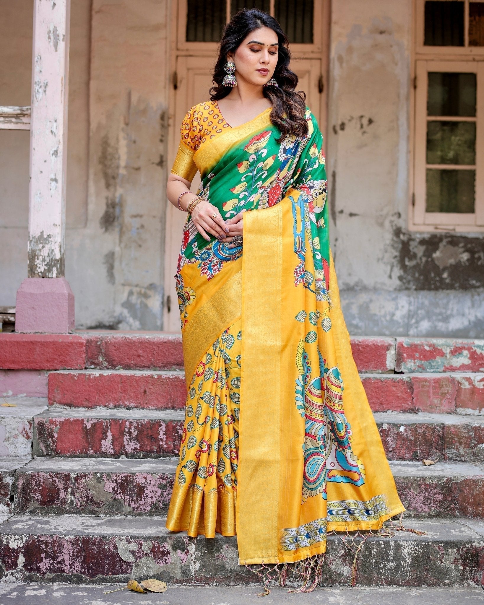 Pure Silk Digitally Printed Saree with Golden Zari and Tassels - Fashion Dream Studio