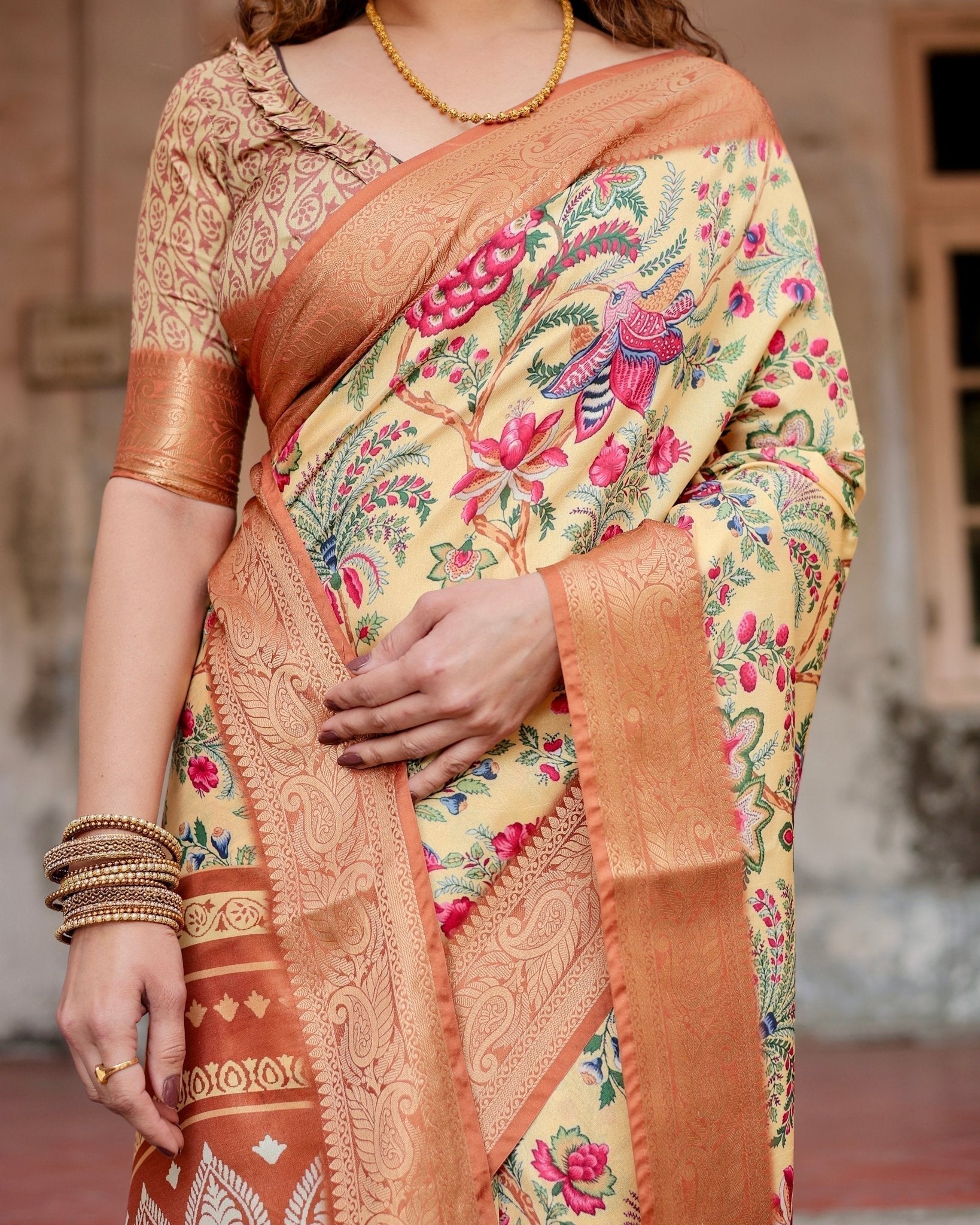 Pure Silk Digitally Printed Saree Weaved With Golden Zari Comes With Tassels