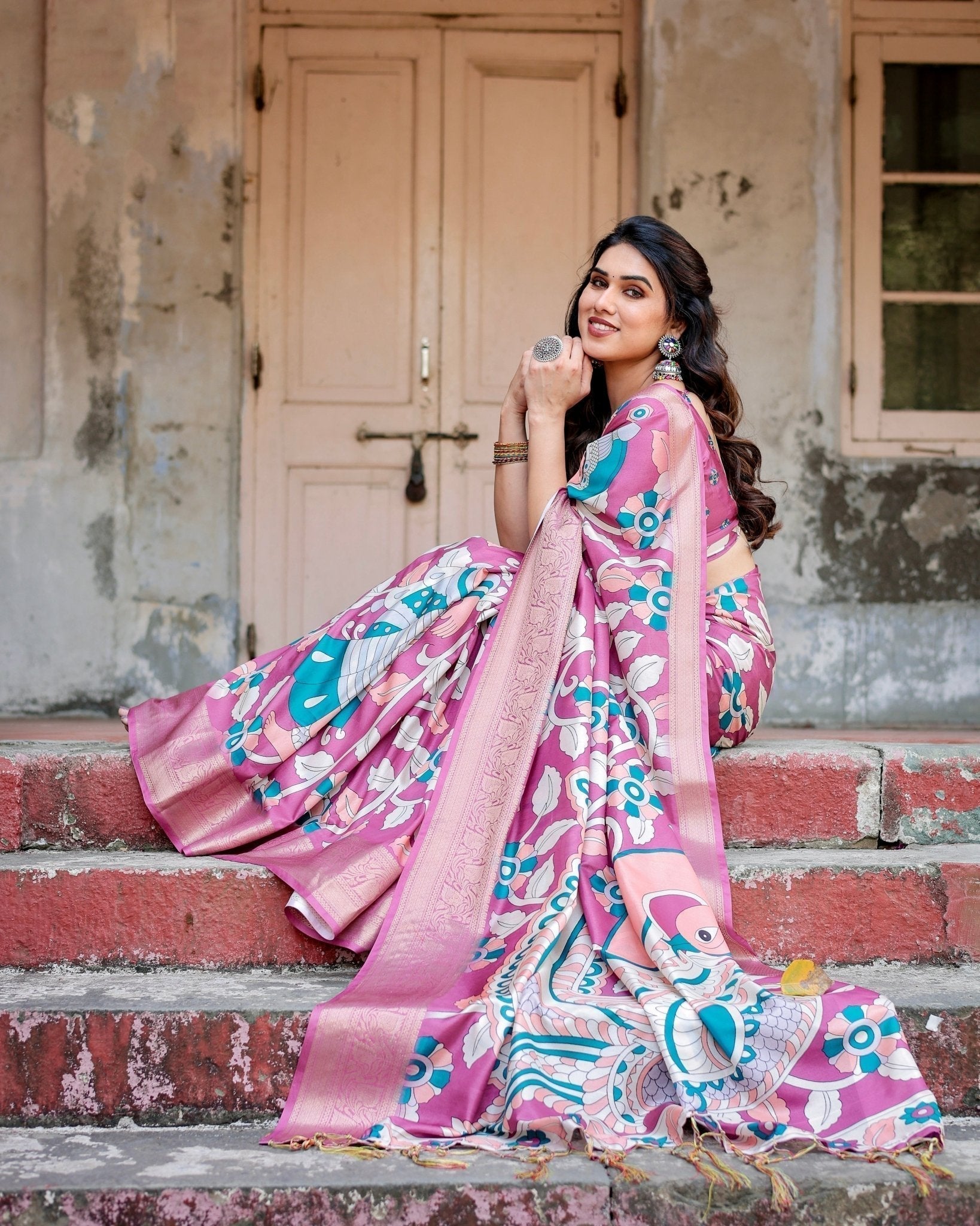 Pure Silk Digitally Printed Saree with Golden Zari and Tassels - Fashion Dream Studio