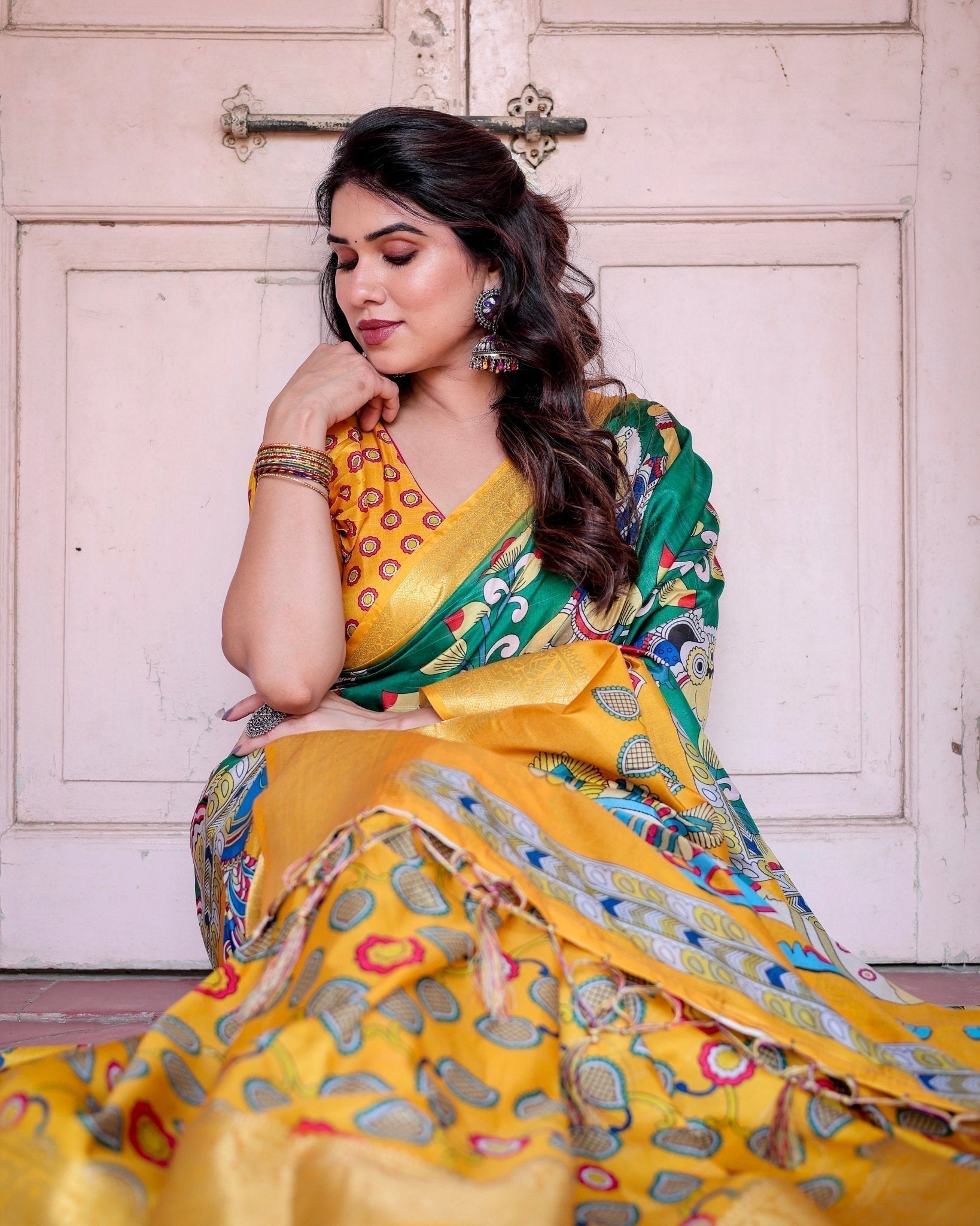 Pure Silk Digitally Printed Saree with Golden Zari and Tassels - Fashion Dream Studio