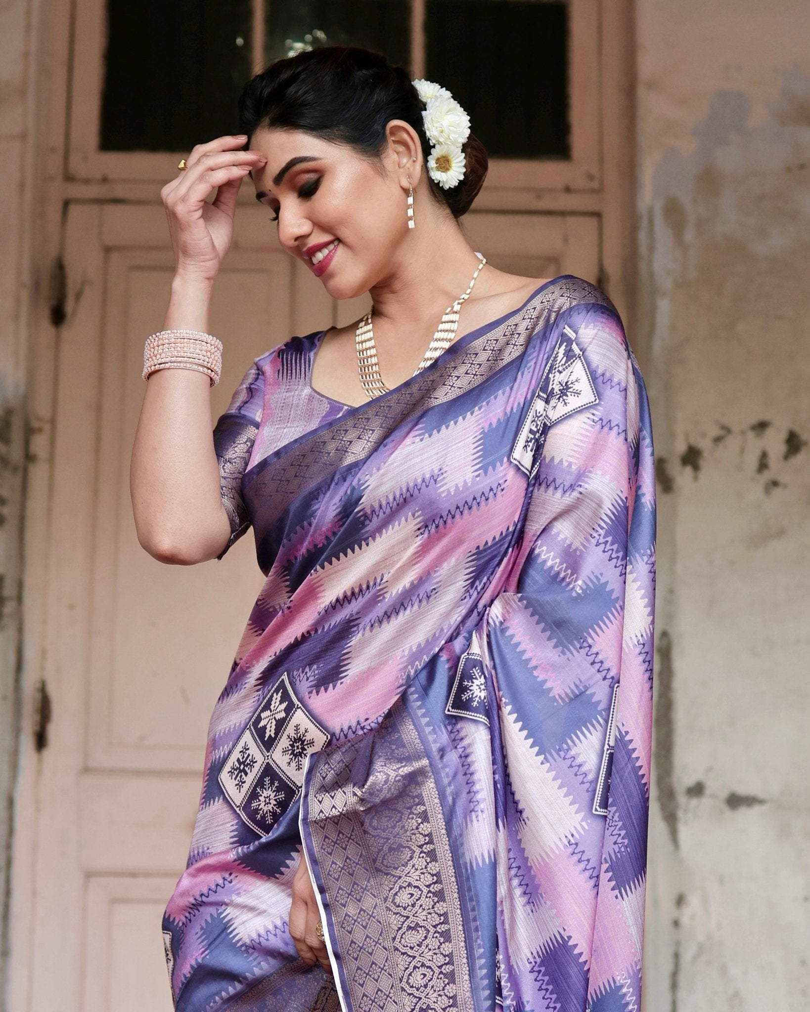 Purple and Pink Geometric Pure Silk Digital Print Saree with Gold Border and Tassels - Fashion Dream Studio