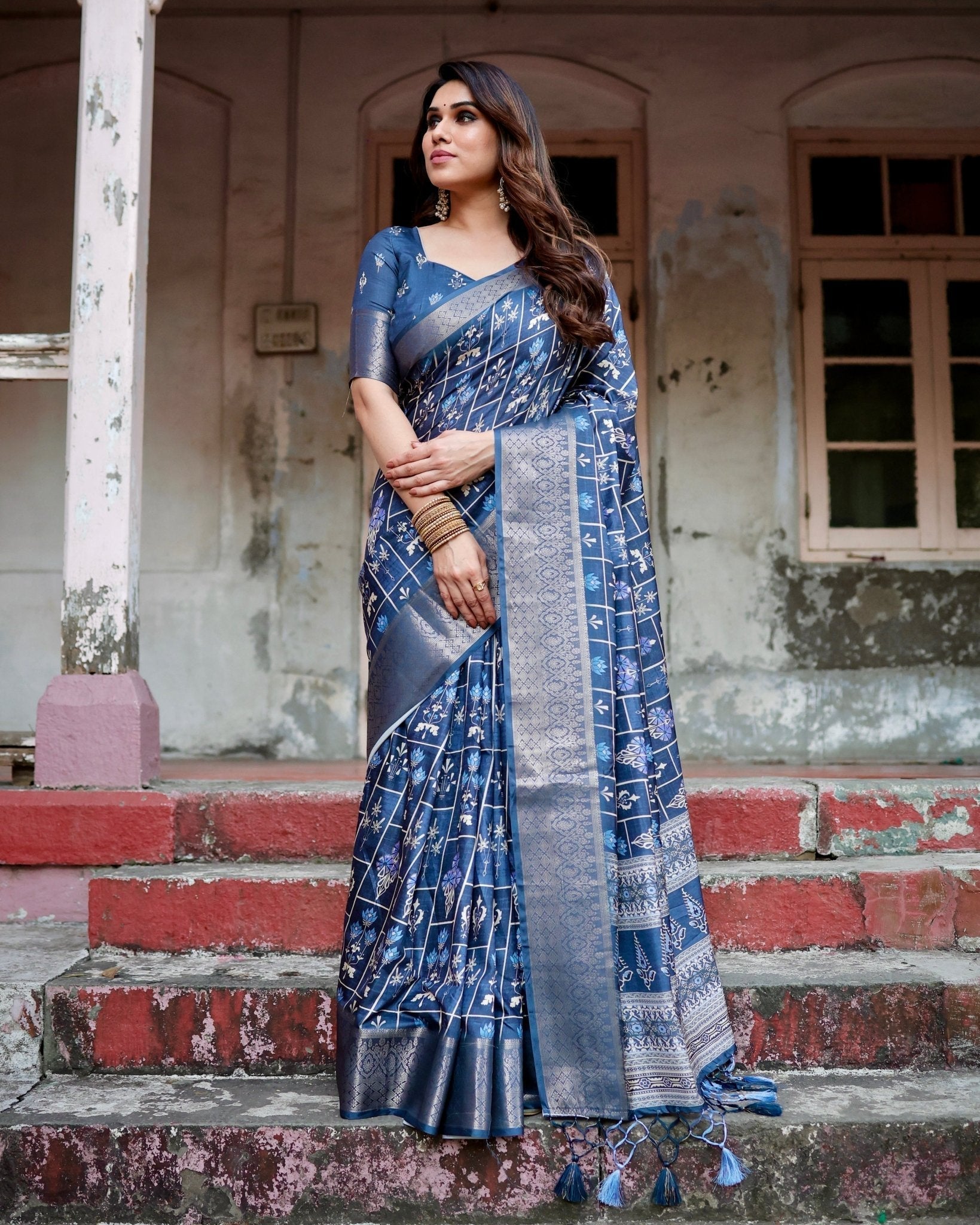 Pure Silk Digitally Printed Saree with Golden Zari and Tassels - Fashion Dream Studio