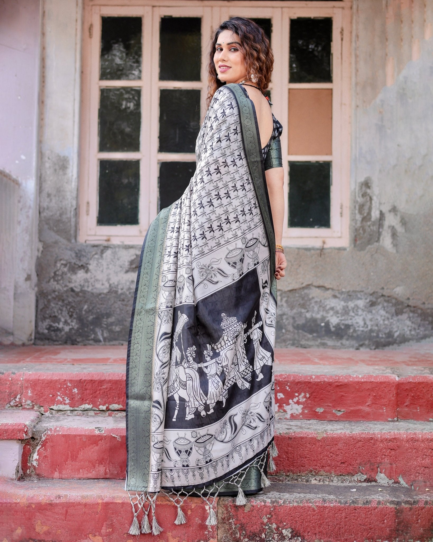 Pure Silk Digitally Printed Saree Weaved With Golden Zari Comes With Tassels - Fashion Dream Studio