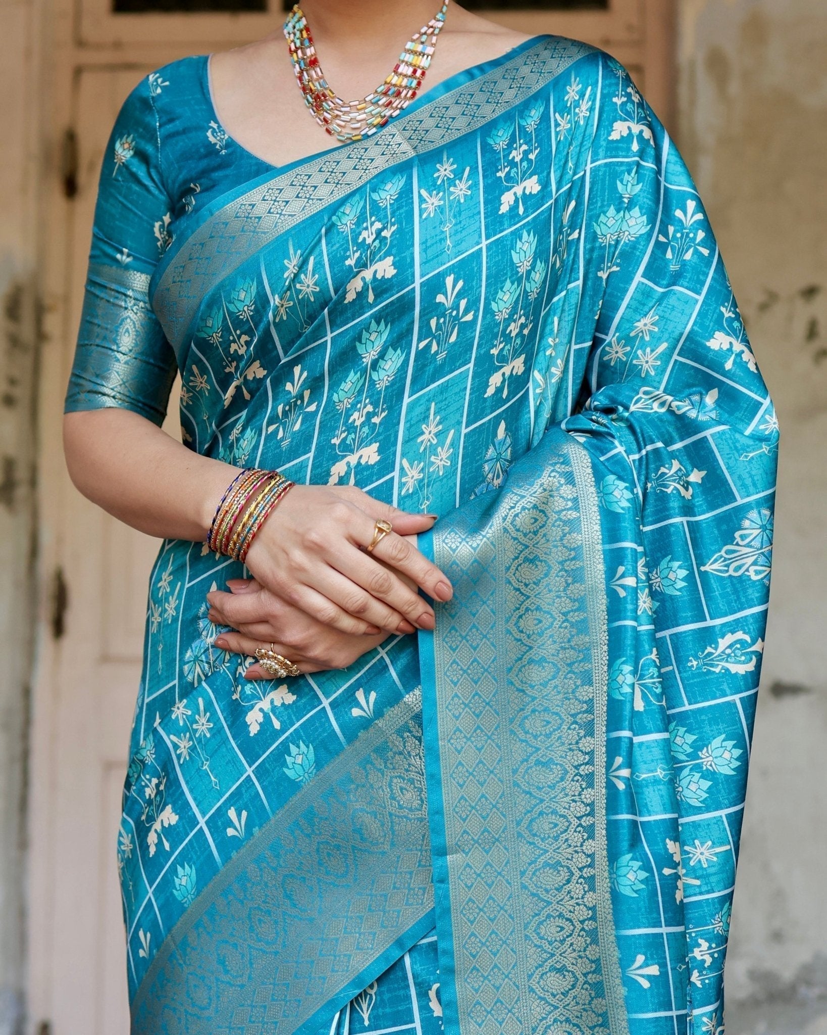 Pure Silk Digitally Printed Saree with Golden Zari and Tassels