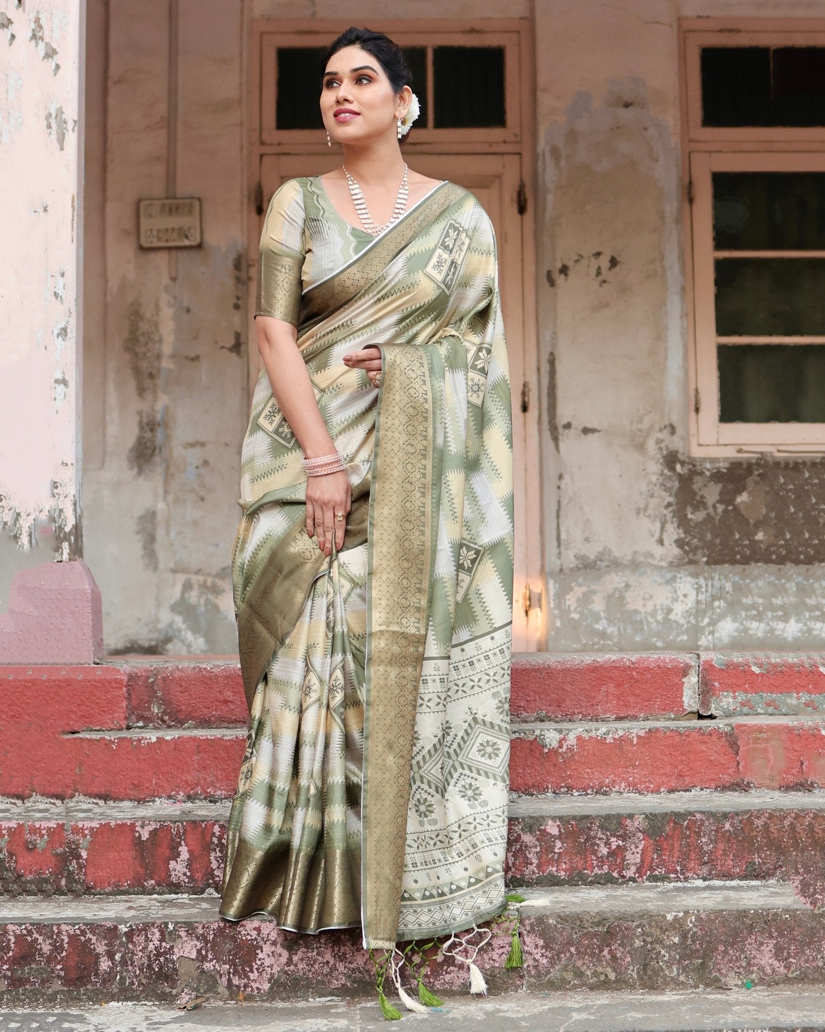 Olive Green Geometric Pure Silk Digital Print Saree with Gold Border and Tassels