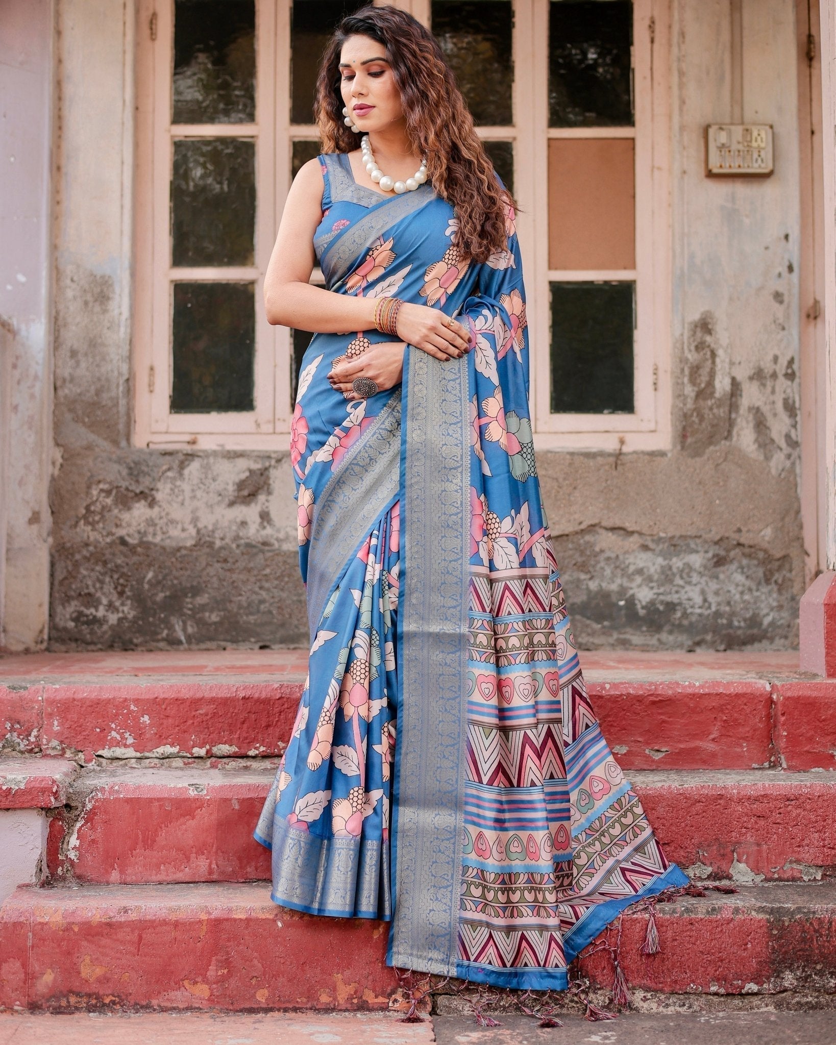 Pure Silk Digitally Printed Saree Weaved With Golden Zari Comes With Tassels - Fashion Dream Studio