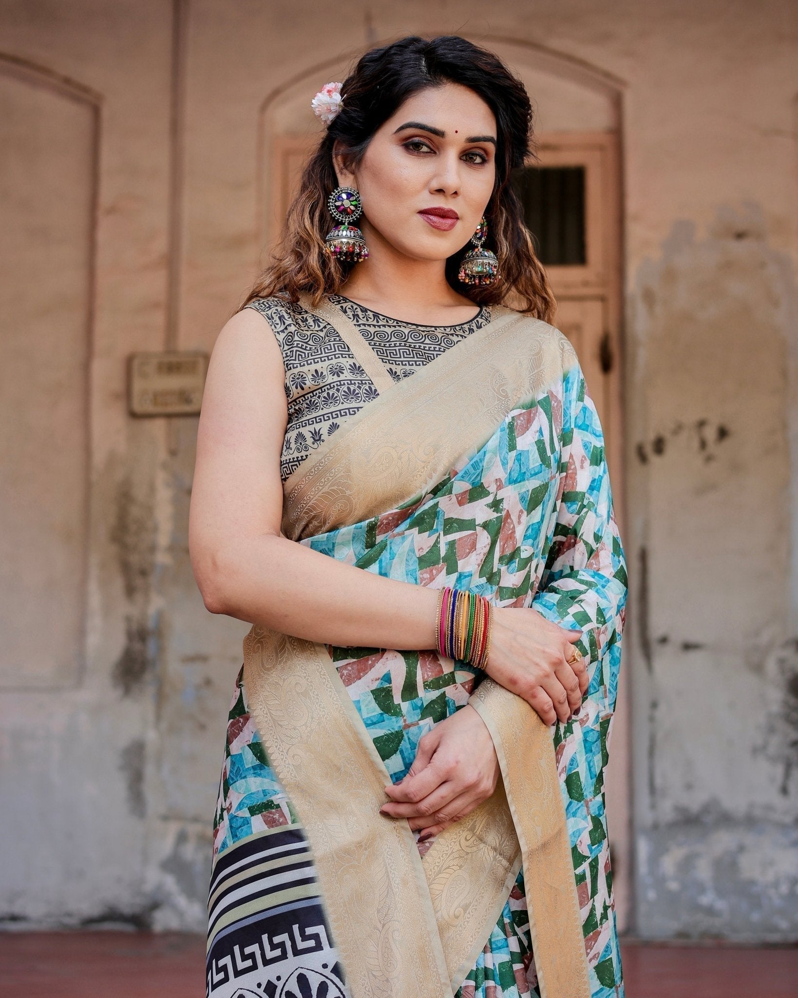 Pure Silk Digitally Printed Saree Weaved With Golden Zari Comes With Tassels - Fashion Dream Studio