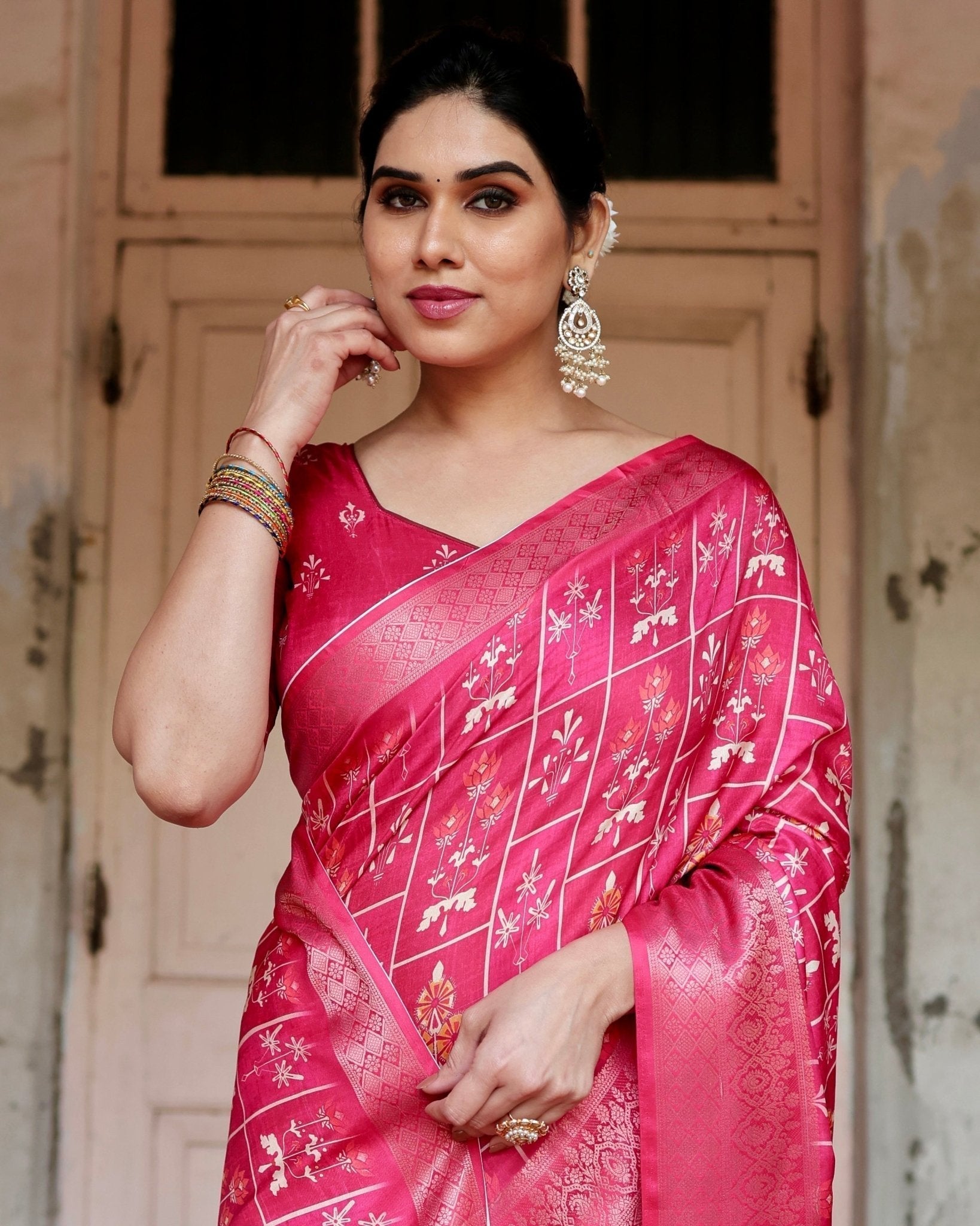 Pure Silk Digitally Printed Saree with Golden Zari and Tassels - Fashion Dream Studio