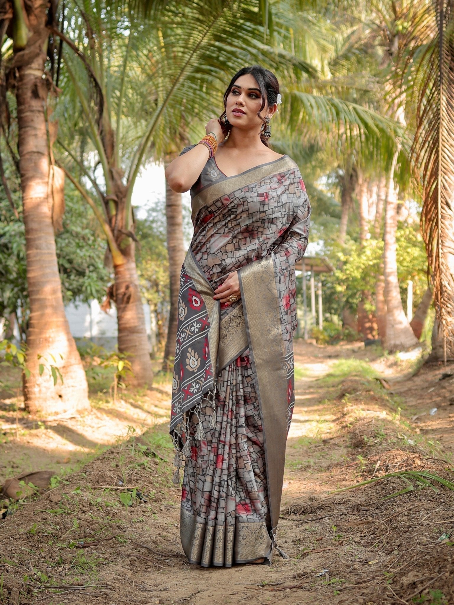 Pure Silk Digitally Printed Saree Weaved With Golden Zari Comes With Tassels - Fashion Dream Studio