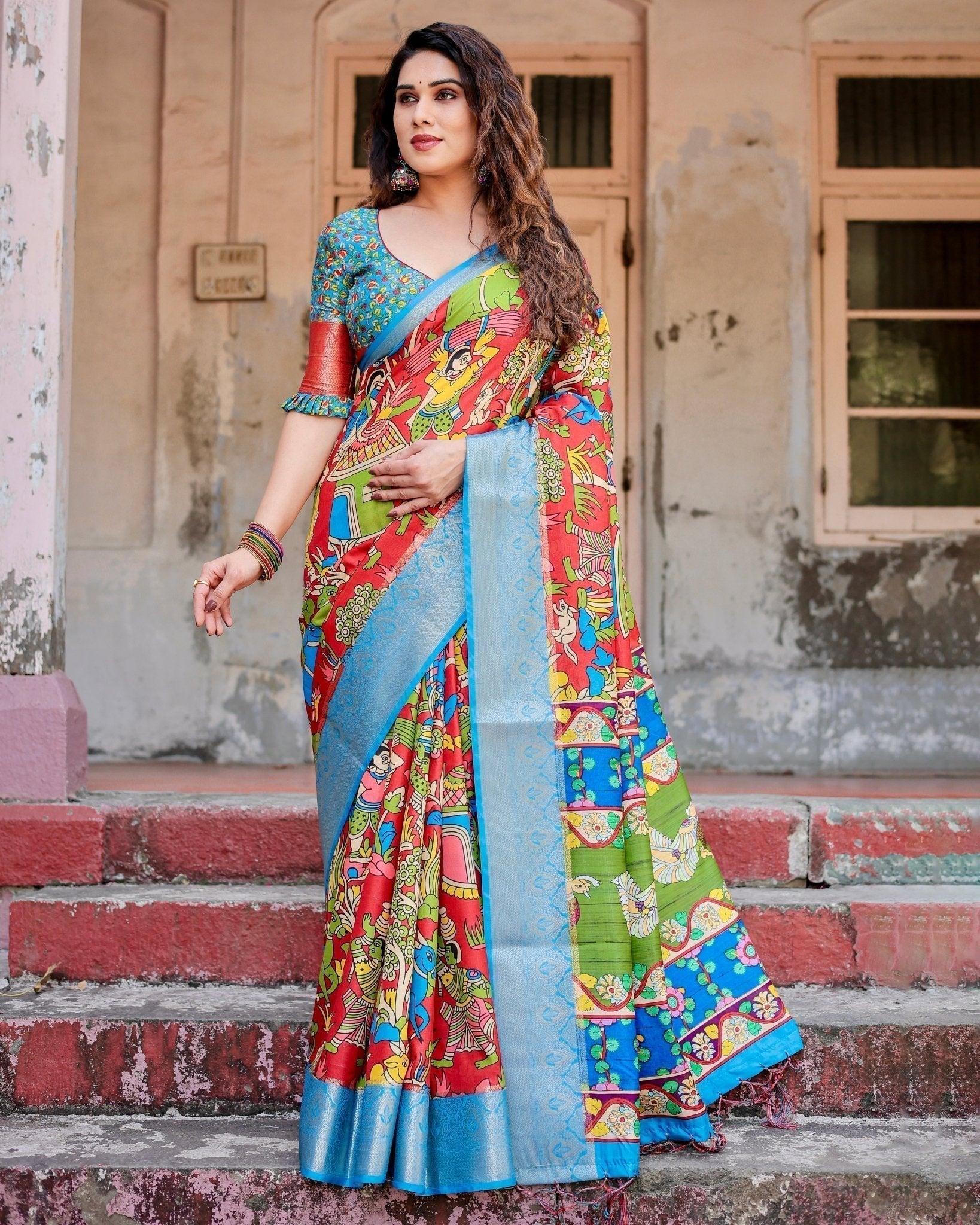 Pure Silk Digitally Printed Saree Weaved With Golden Zari Comes With Tassels