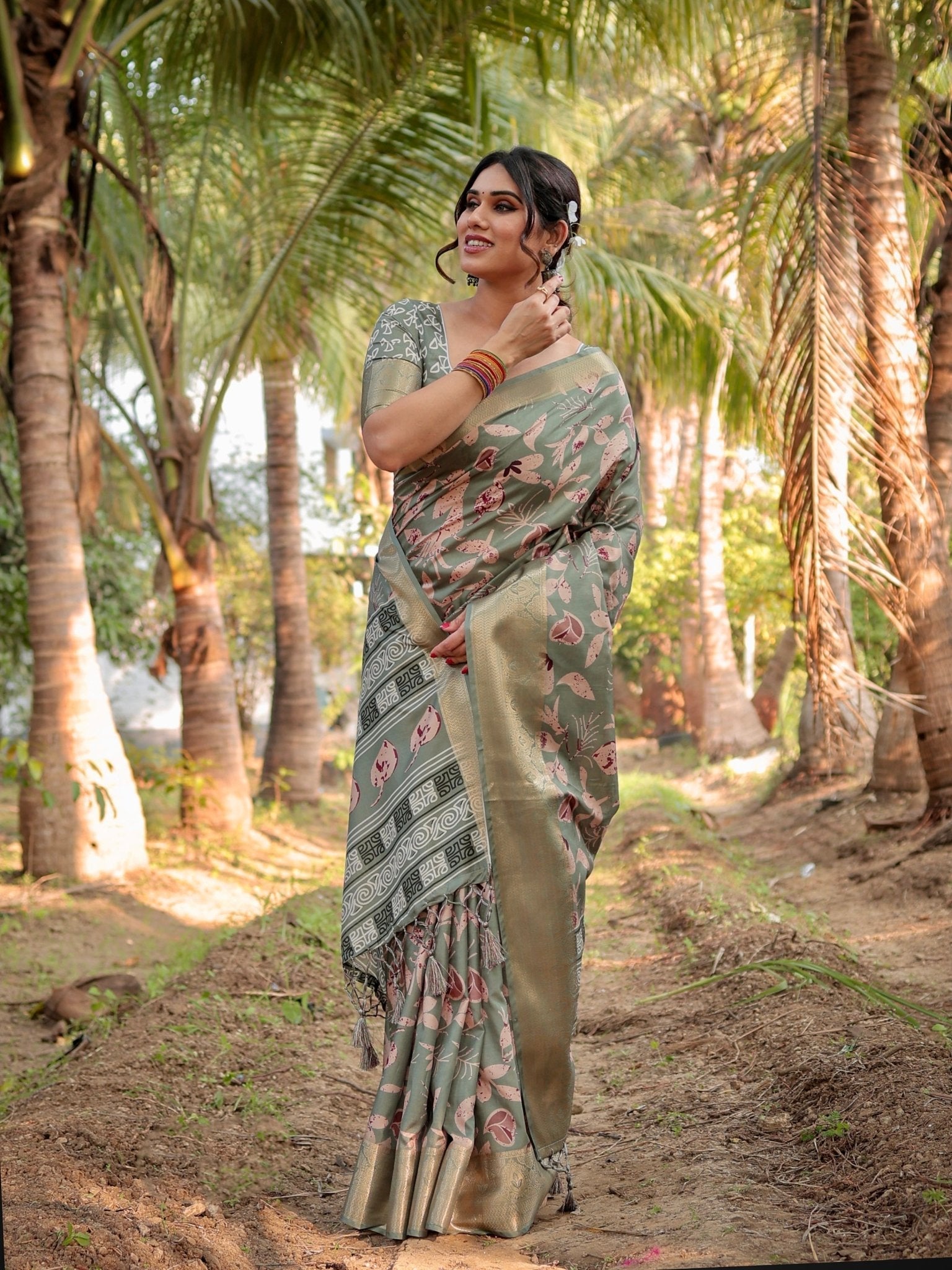 Pure Silk Digitally Printed Saree Weaved With Golden Zari Comes With Tassels