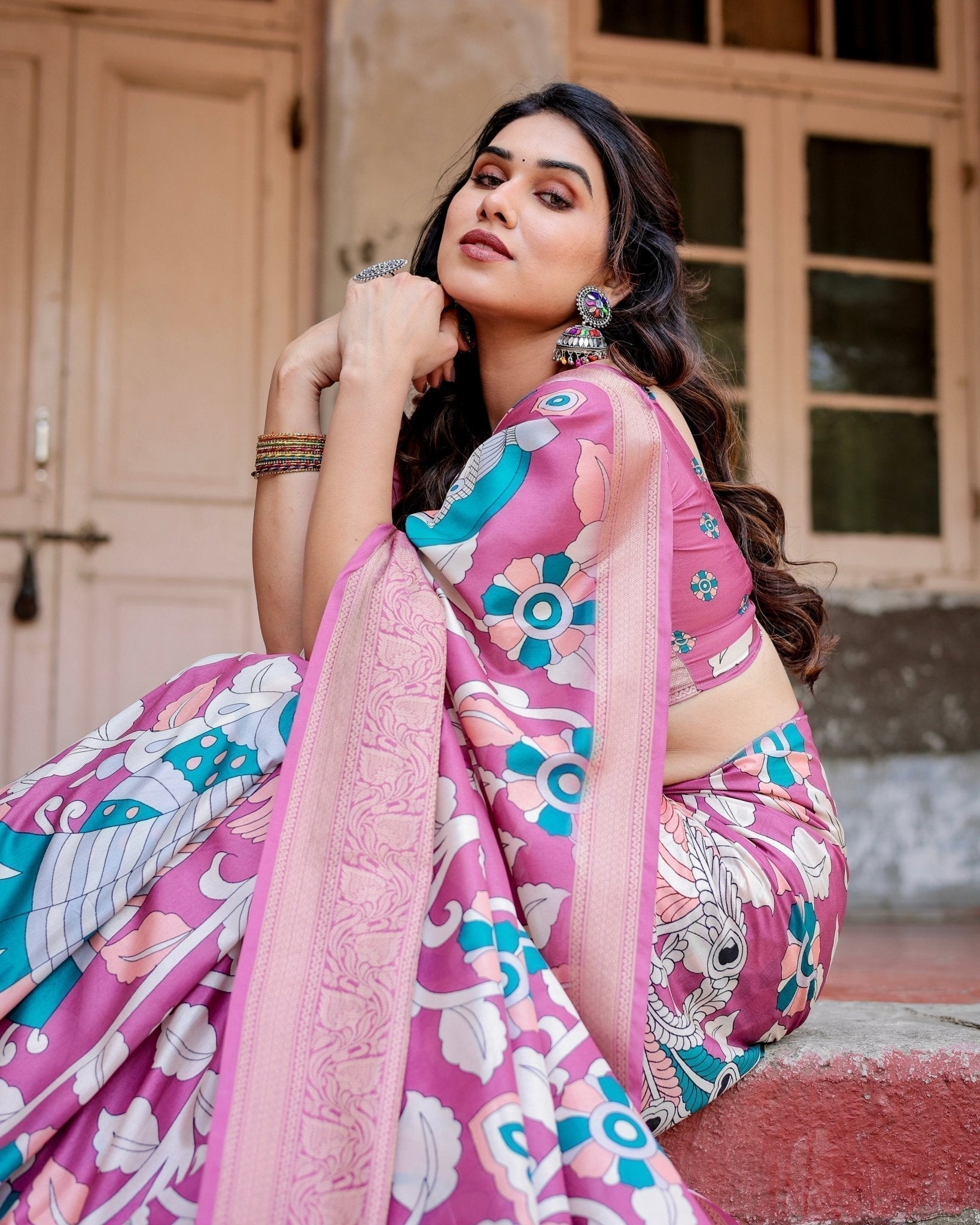 Pure Silk Digitally Printed Saree with Golden Zari and Tassels - Fashion Dream Studio