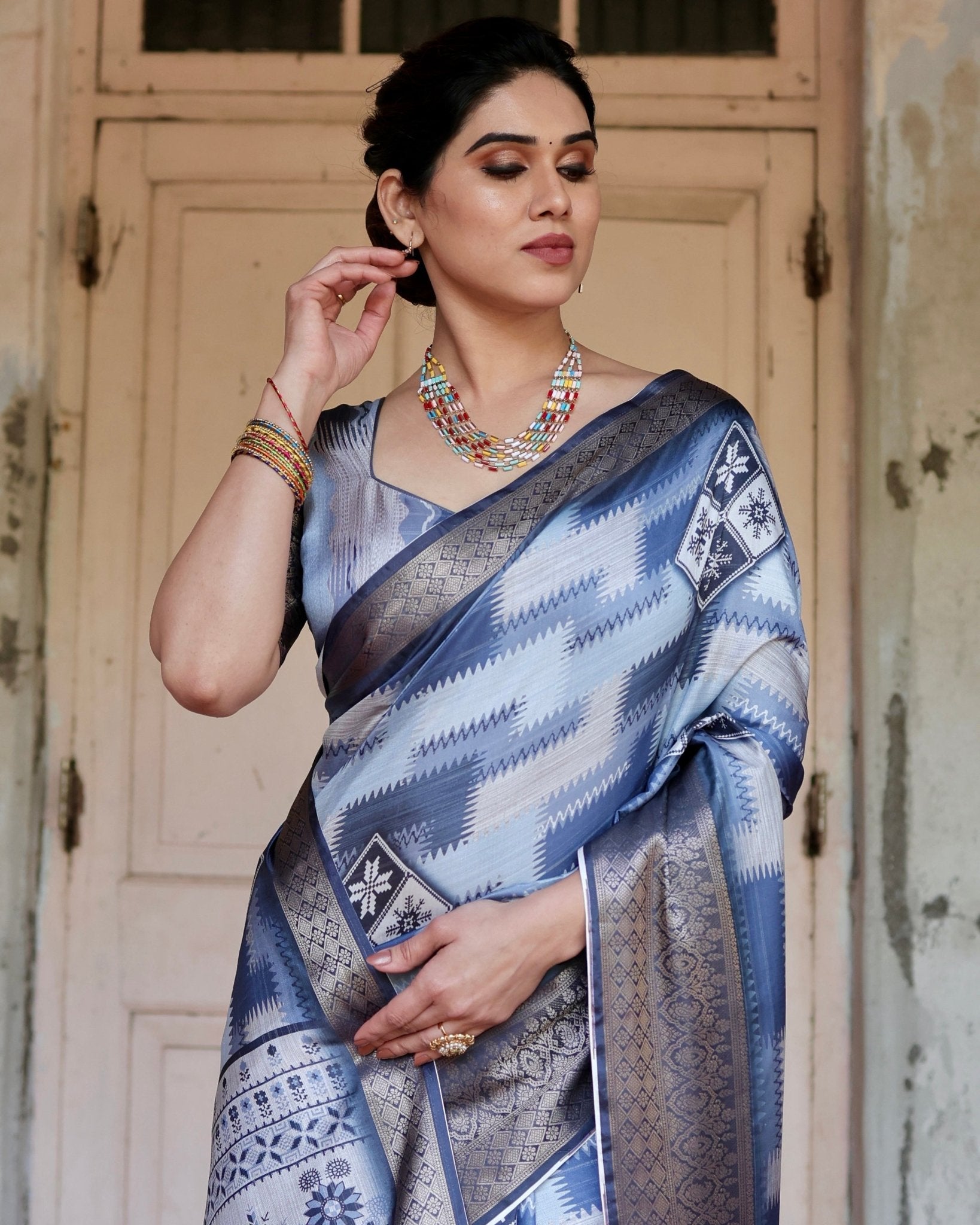 Pure Silk Digitally Printed Saree Weaved With Golden Zari Comes With Tassels - Fashion Dream Studio