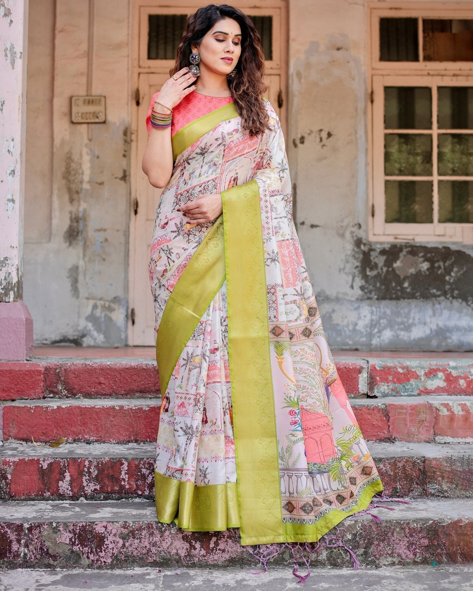 Pure Silk Digitally Printed Saree Weaved With Golden Zari Comes With Tassels - Fashion Dream Studio