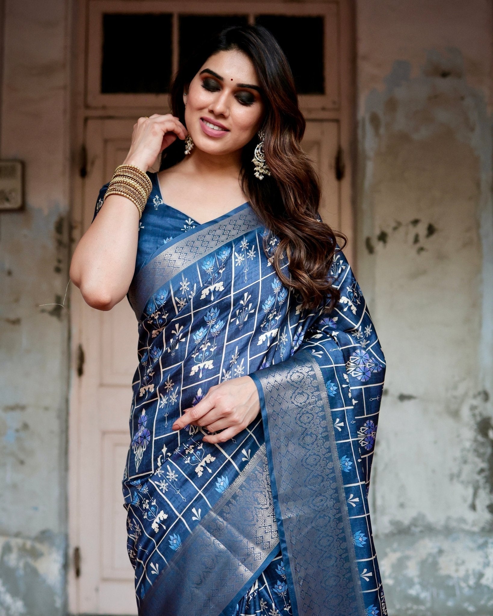 Pure Silk Digitally Printed Saree with Golden Zari and Tassels - Fashion Dream Studio