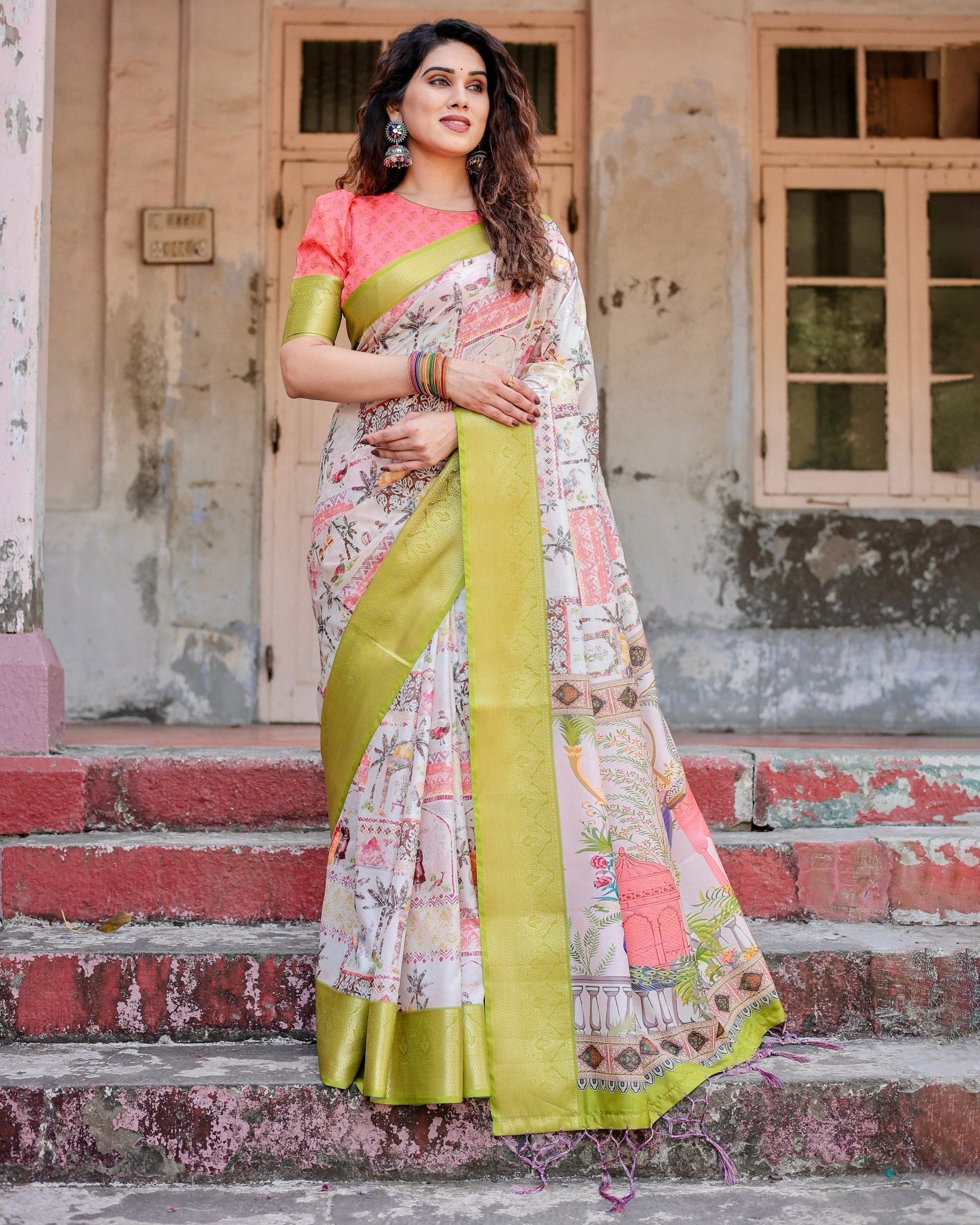 Pure Silk Digitally Printed Saree Weaved With Golden Zari Comes With Tassels - Fashion Dream Studio