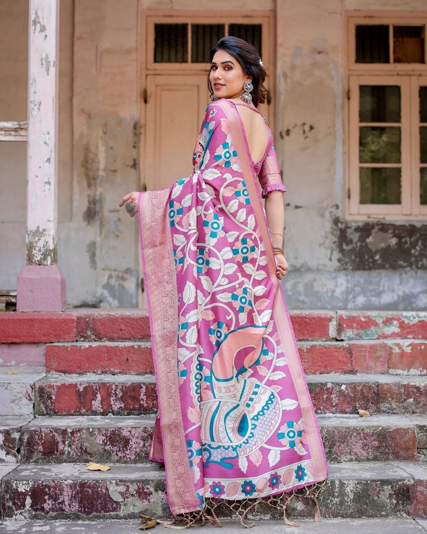 Pure Silk Digitally Printed Saree with Golden Zari and Tassels - Fashion Dream Studio