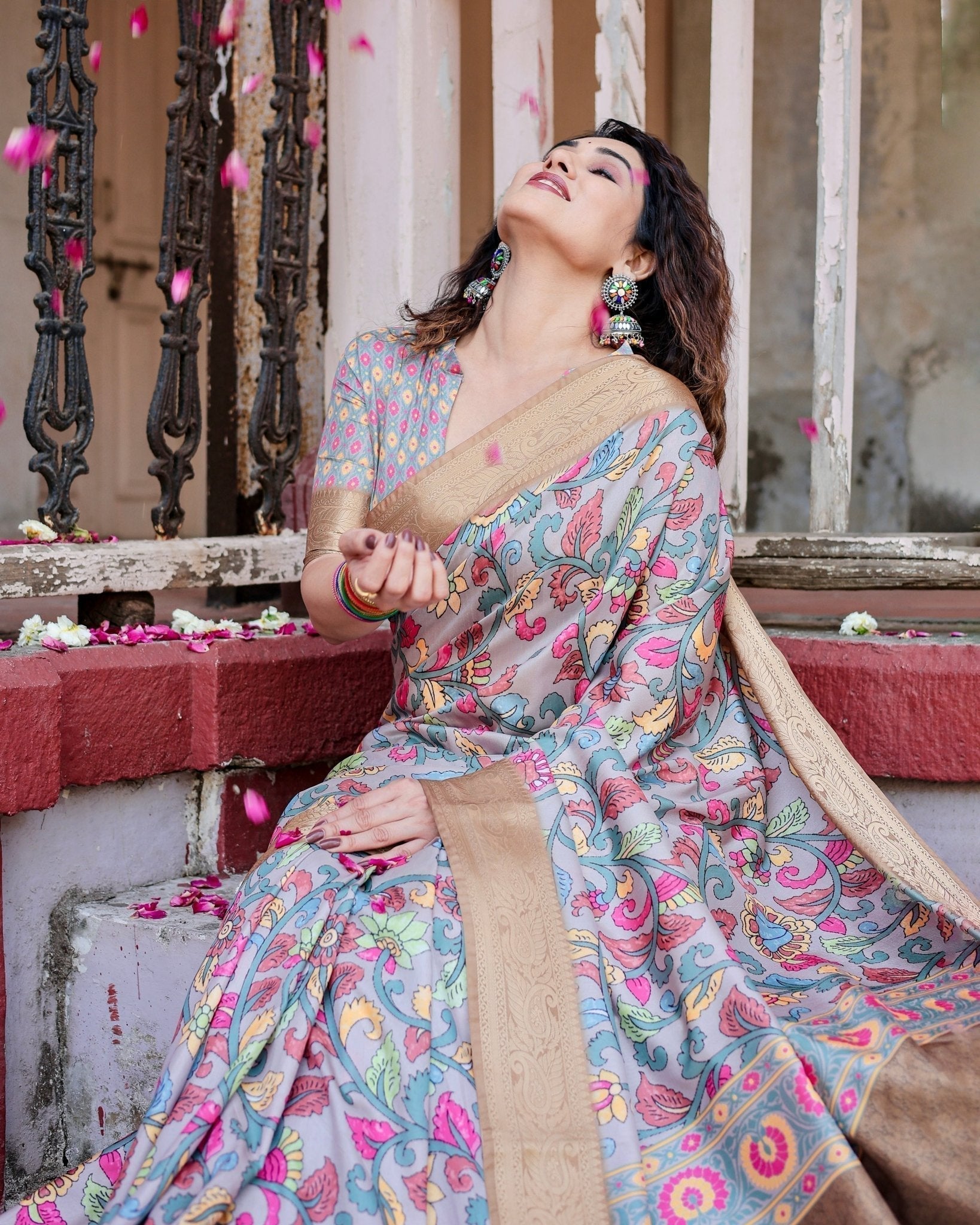 Pure Silk Digitally Printed Saree Weaved With Golden Zari Comes With Tassels - Fashion Dream Studio