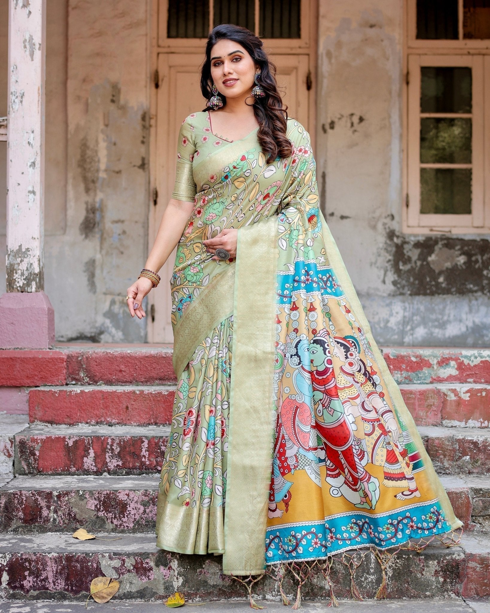 Pure Silk Digitally Printed Saree with Golden Zari and Tassels - Fashion Dream Studio