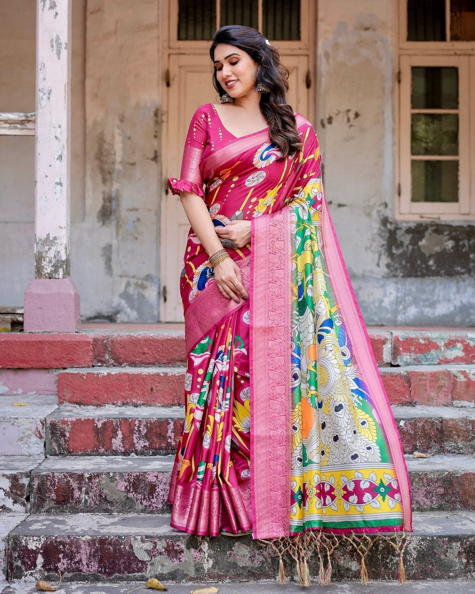 Pure Silk Digitally Printed Saree with Golden Zari and Tassels - Fashion Dream Studio